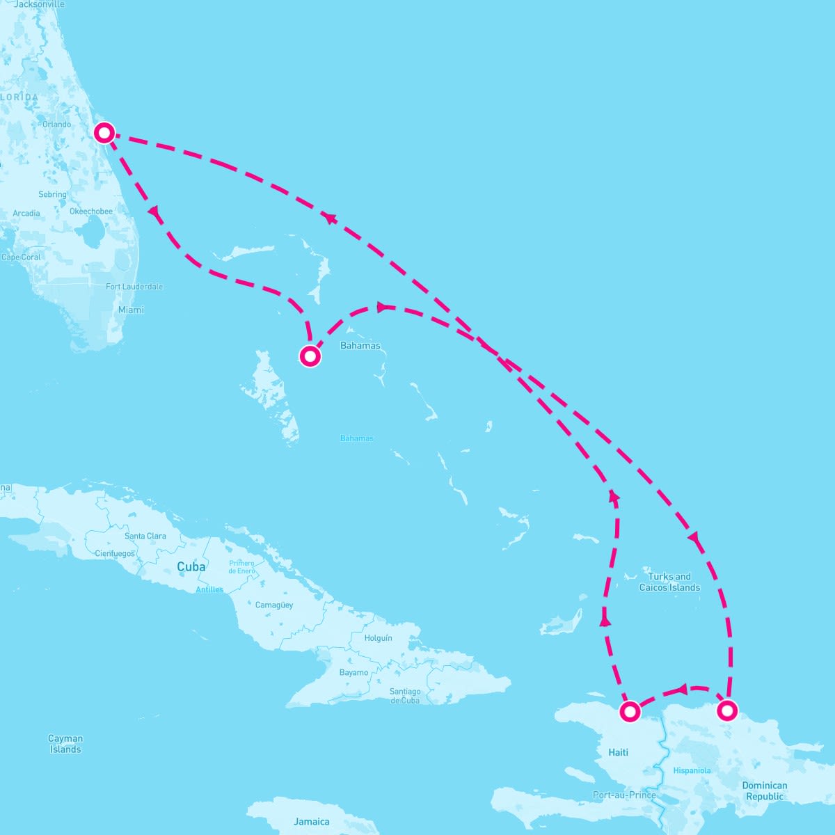 Adventure of the Seas itinerary map for February 10, 2024 (6 nights)