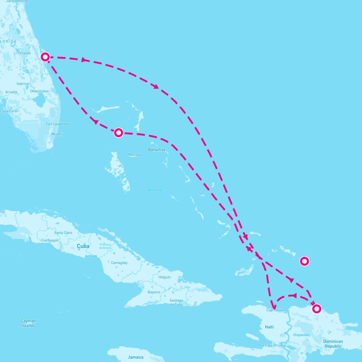 Adventure of the Seas itinerary map for August 24, 2024 (6 nights)
