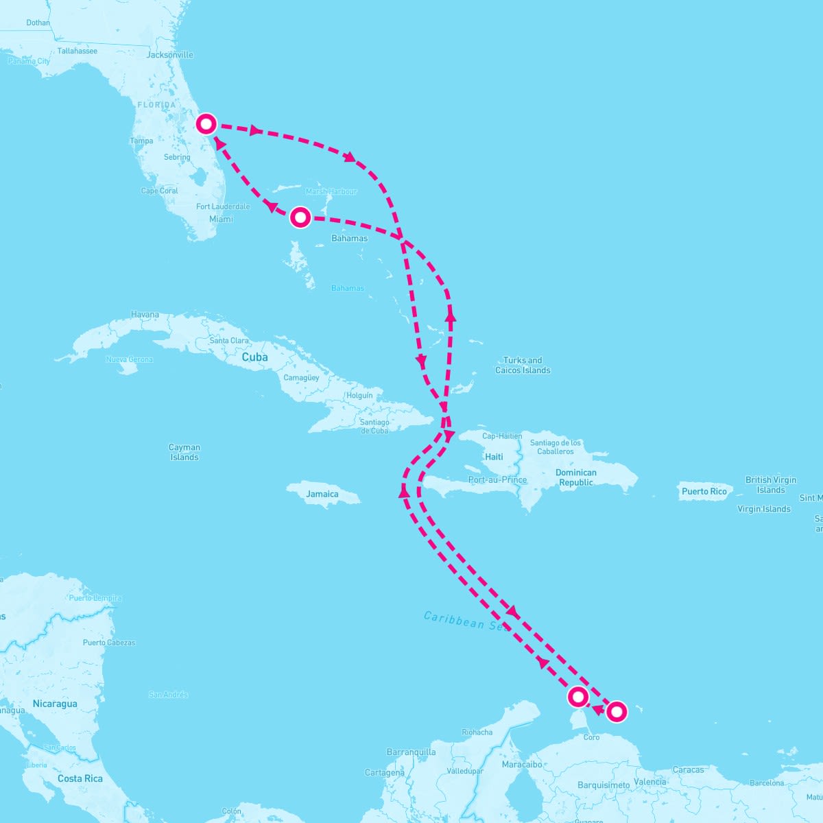 Adventure of the Seas itinerary map for August 30, 2024 (8 nights)