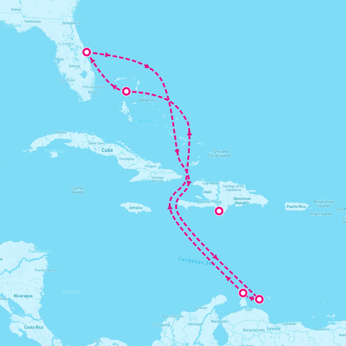 Adventure of the Seas itinerary map for June 13, 2025 (8 nights)