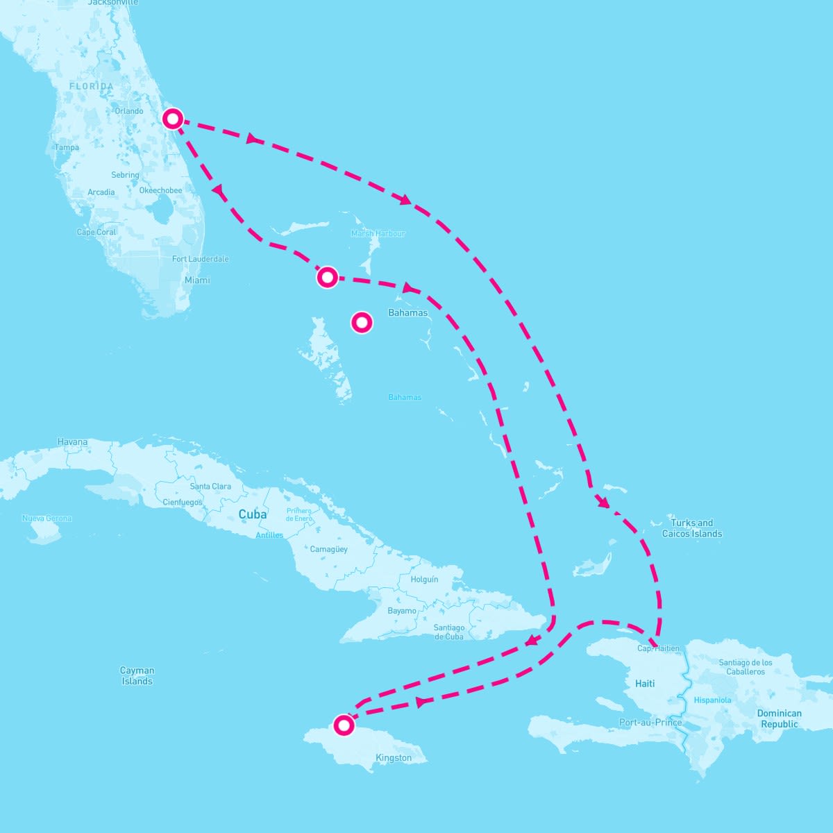 Adventure of the Seas itinerary map for July 19, 2025 (6 nights)