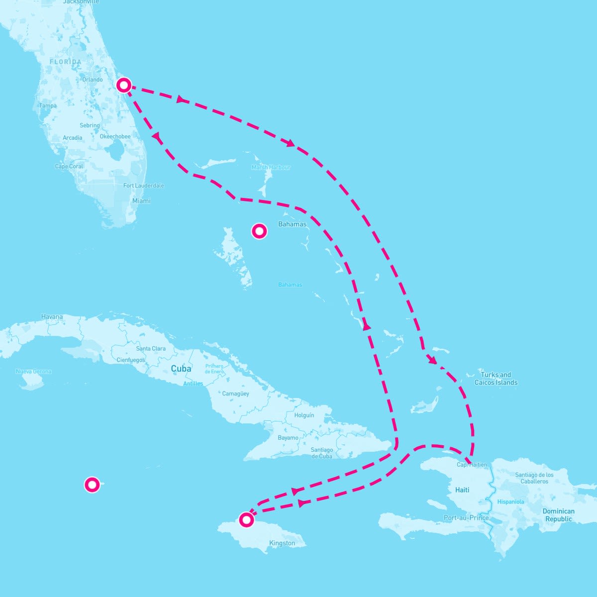 Adventure of the Seas itinerary map for August 16, 2025
