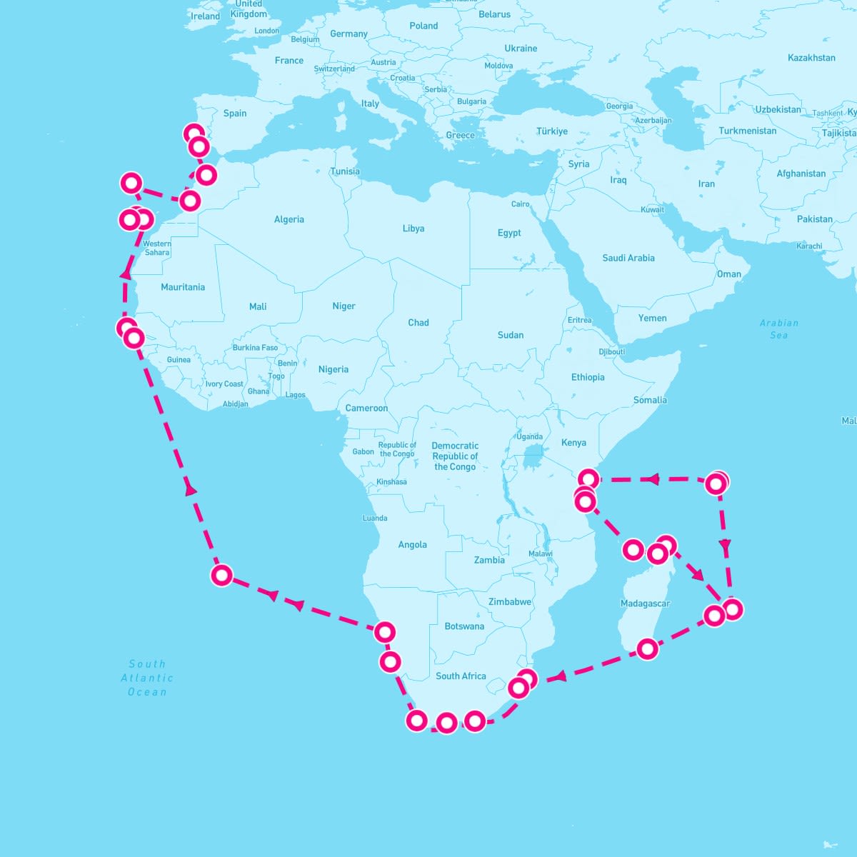 Azamara Journey itinerary map for November 22, 2025 (59 nights)