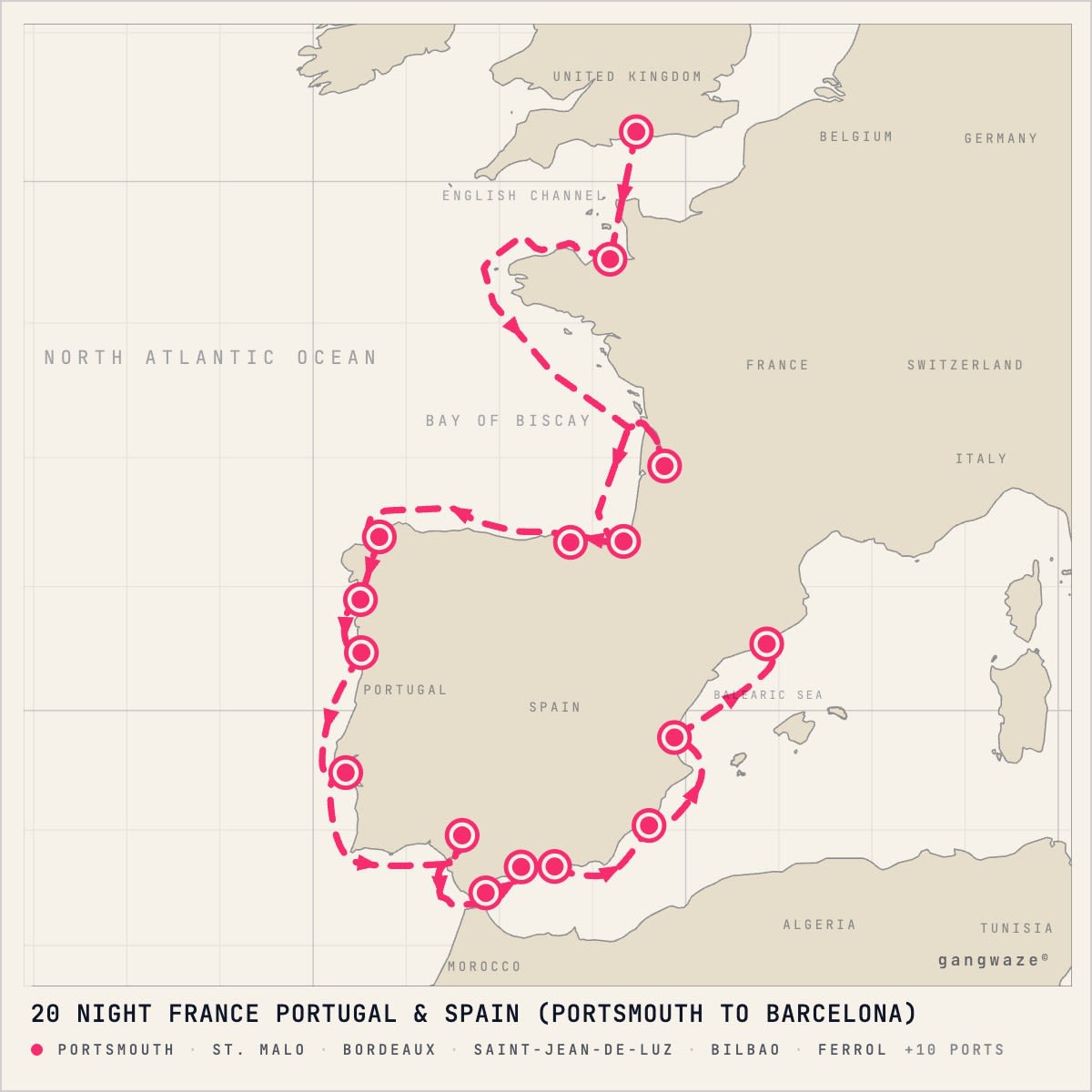 Azamara Journey August 26, 2028 itinerary map: from Portsmouth to Barcelona, calling at St. Malo, Bordeaux, Saint-Jean-De-Luz, Bilbao, Ferrol, Vigo, Leixoes, Lisbon, Seville, Gibraltar, Malaga, Motril, Cartagena, Valencia