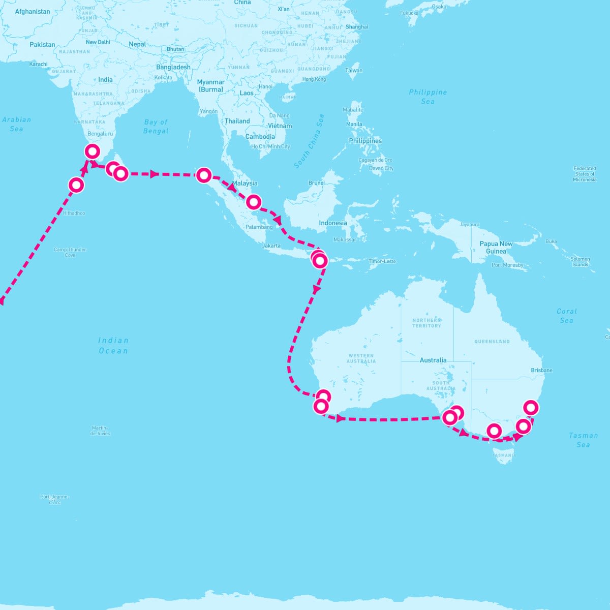 Azamara Pursuit itinerary map for November 28, 2025 (37 nights)