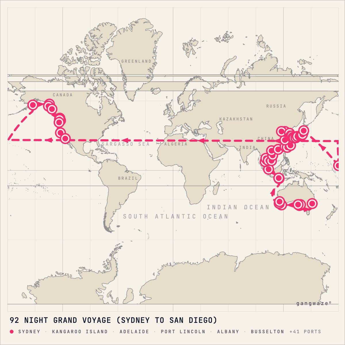 Azamara Quest itinerary map for February 22, 2027 (92 nights)