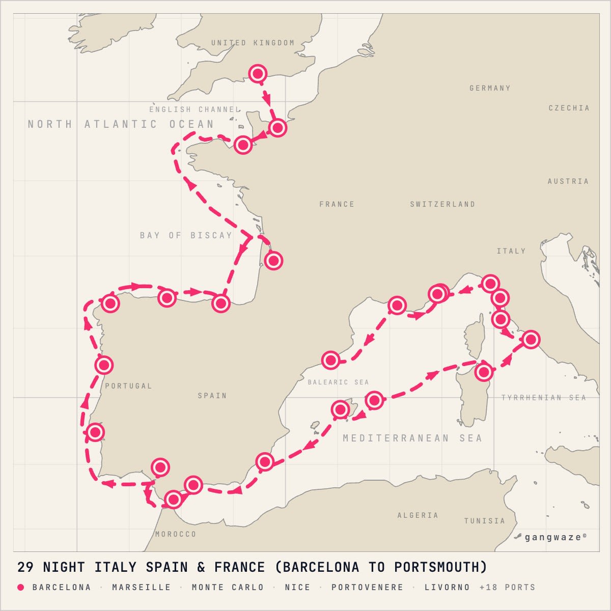 Azamara Quest itinerary map for April 21, 2028 (29 nights)