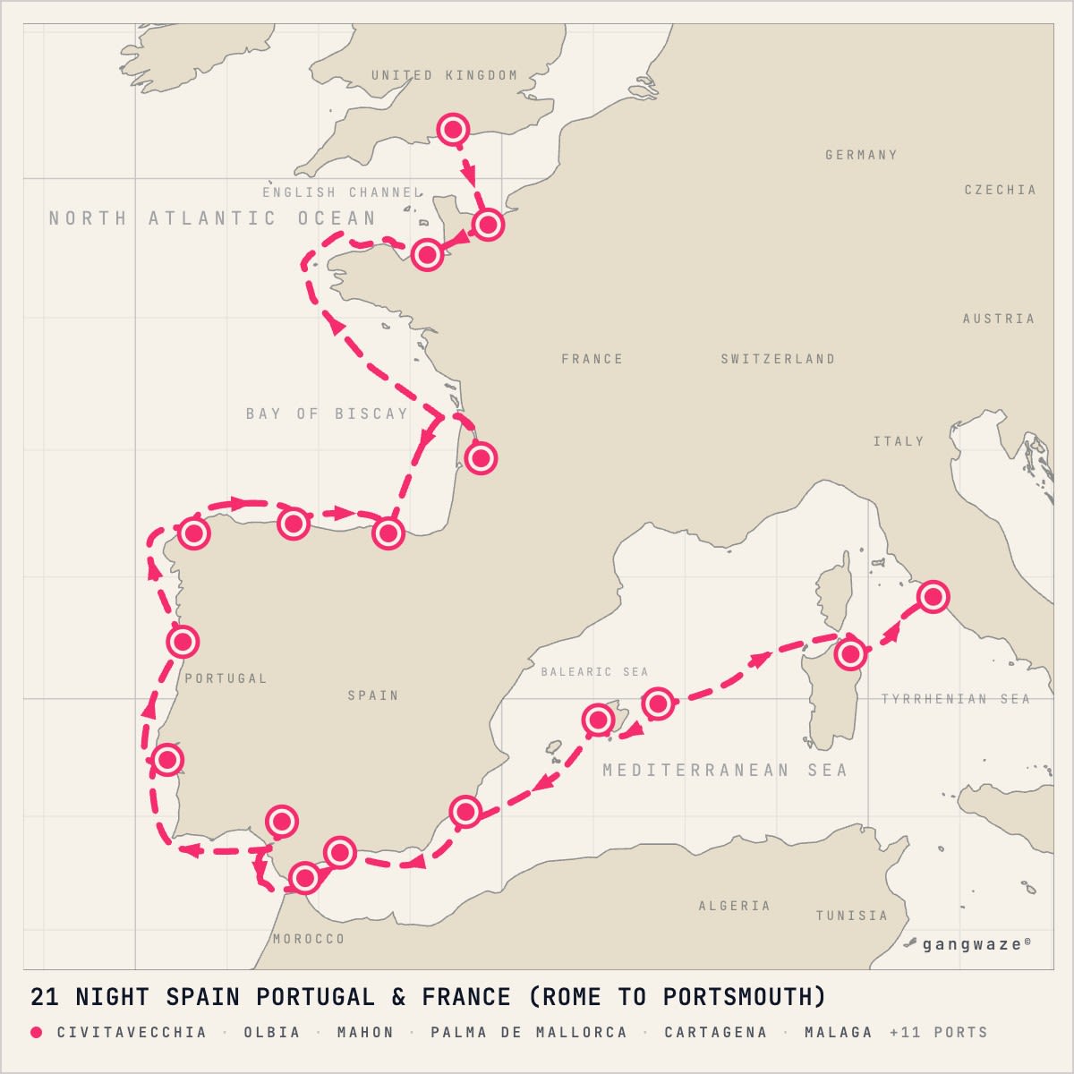 Azamara Quest itinerary map for April 29, 2028 (21 nights)
