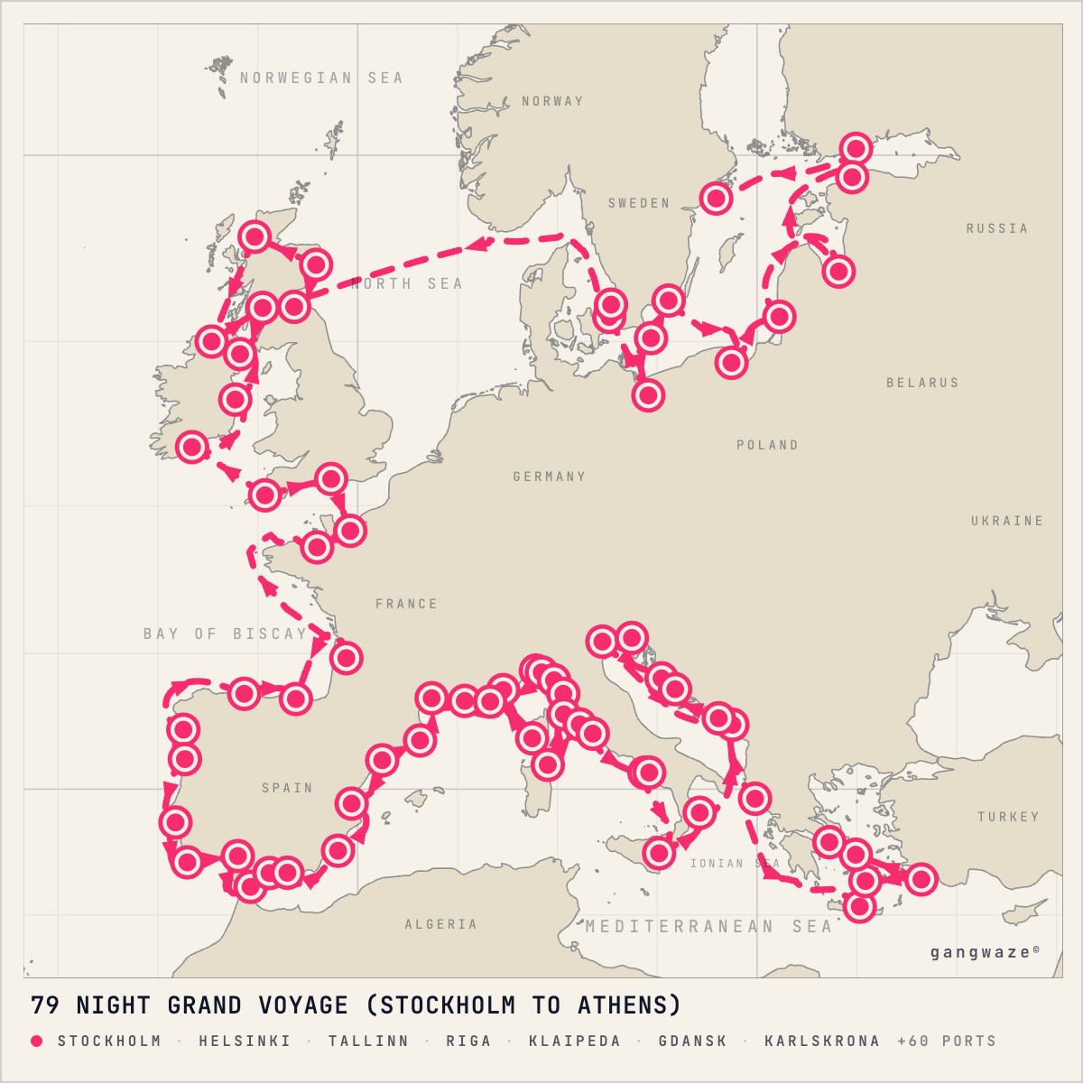 Azamara Quest itinerary map for August 10, 2028 (79 nights)