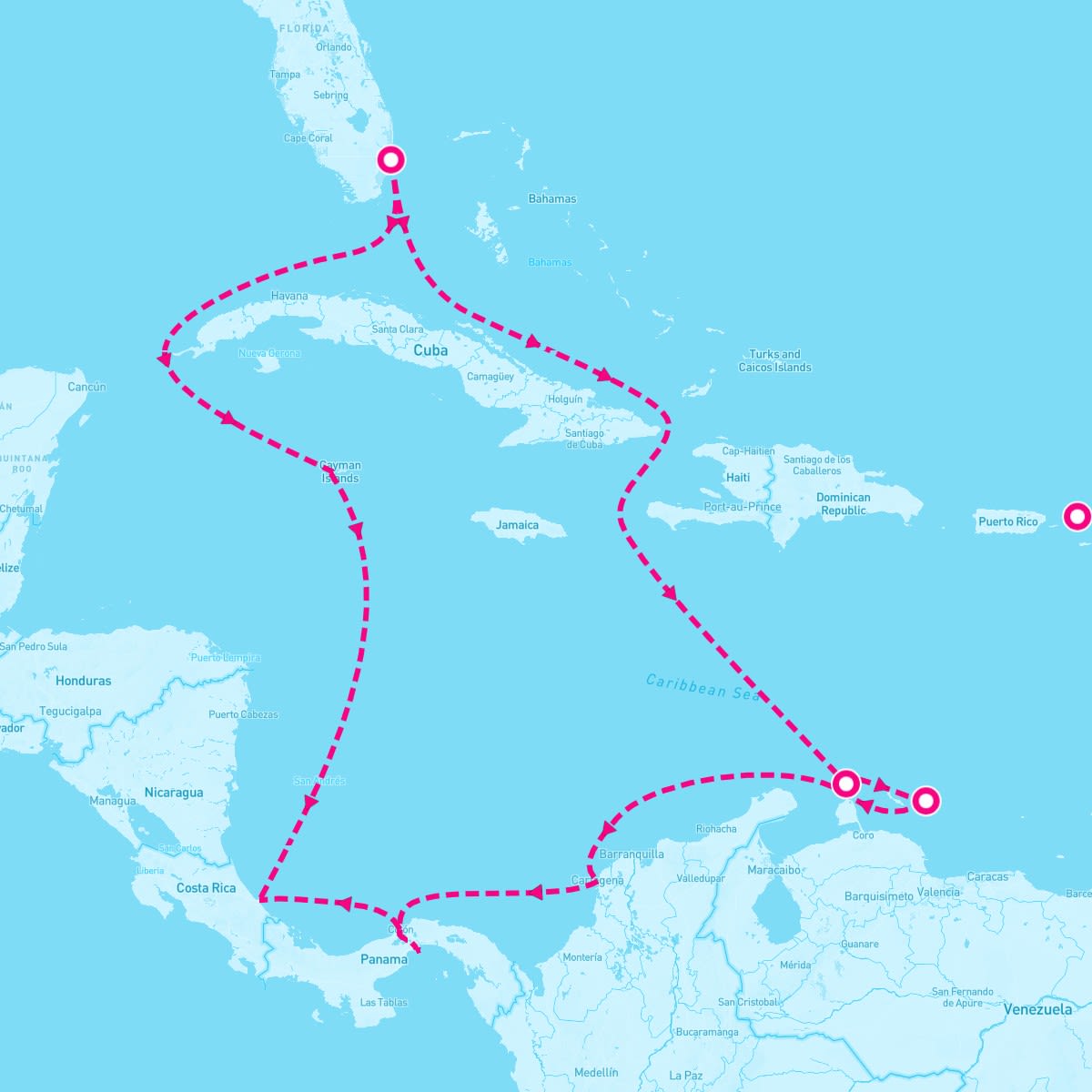 Caribbean Princess itinerary map for December 11, 2025 (12 nights)