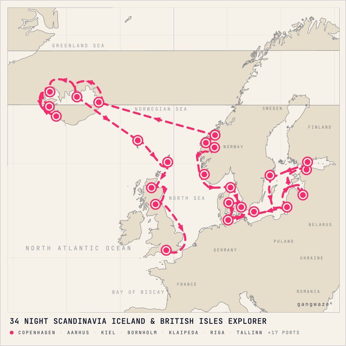 Caribbean Princess itinerary map for June 23, 2028 (34 nights)