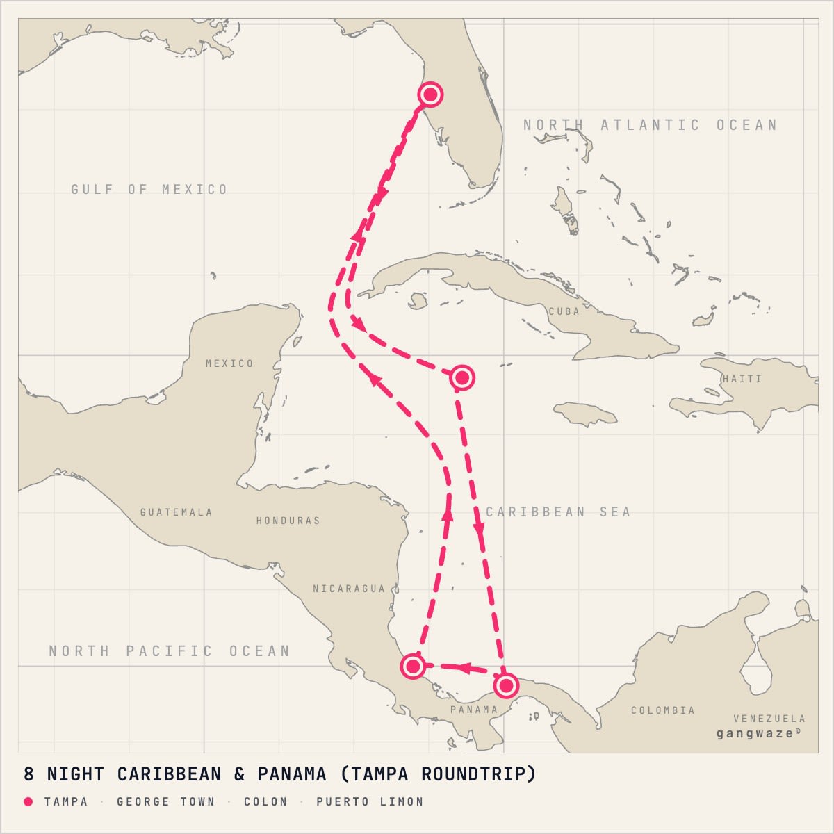 Carnival Adventure April 8, 2028 itinerary map: round trip from Tampa, calling at George Town, Colon, Puerto Limon