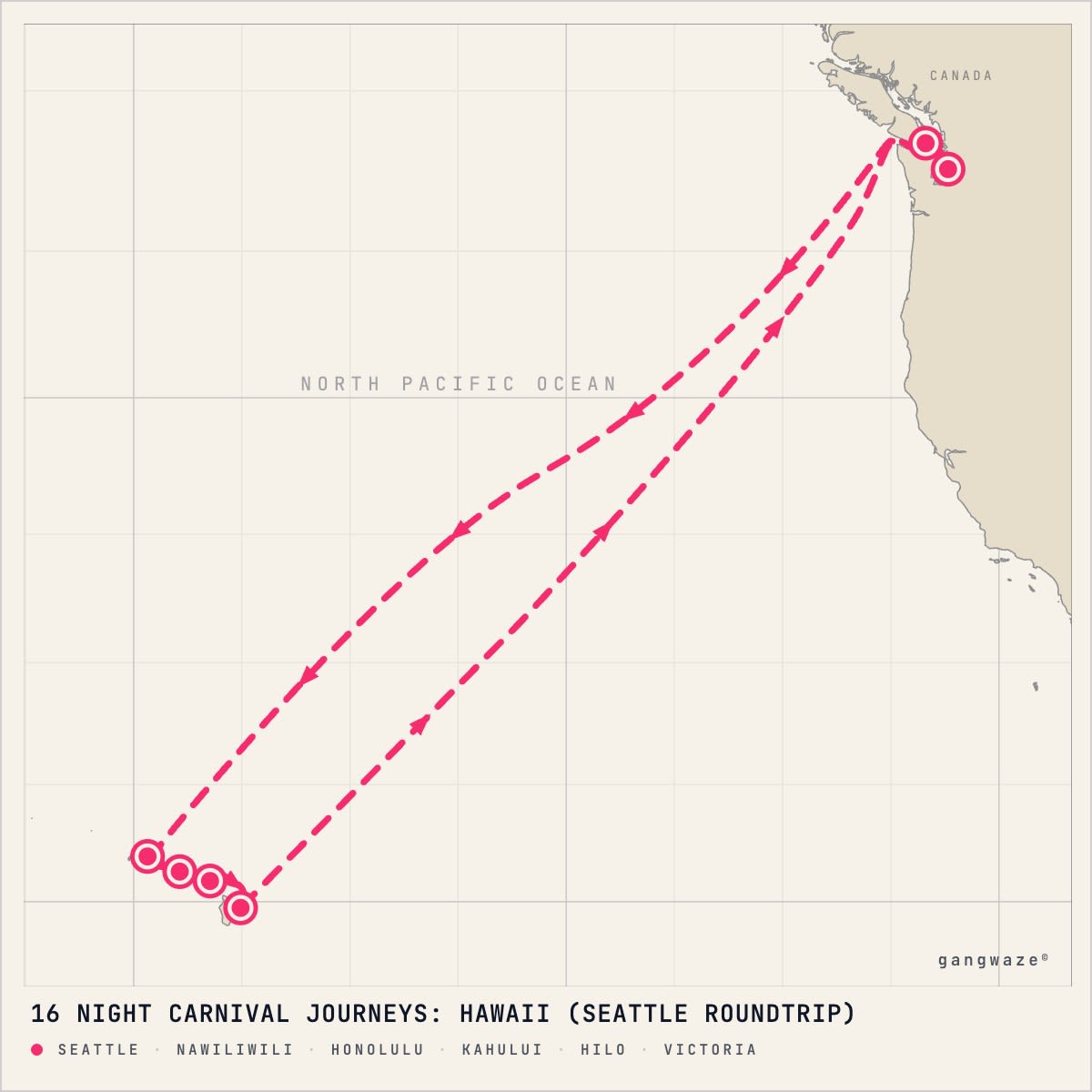 Carnival Adventure September 21, 2028 itinerary map: round trip from Seattle, calling at Nawiliwili, Honolulu, Kahului, Hilo, Victoria