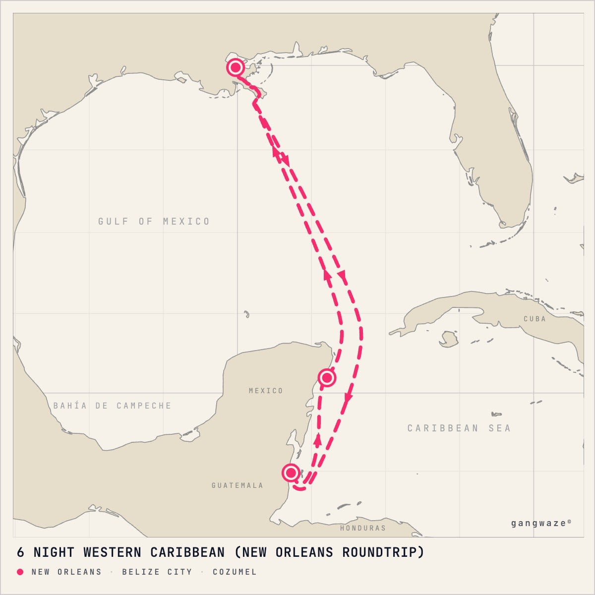 Carnival Dream December 22, 2028 itinerary map: round trip from New Orleans, calling at Belize City, Cozumel