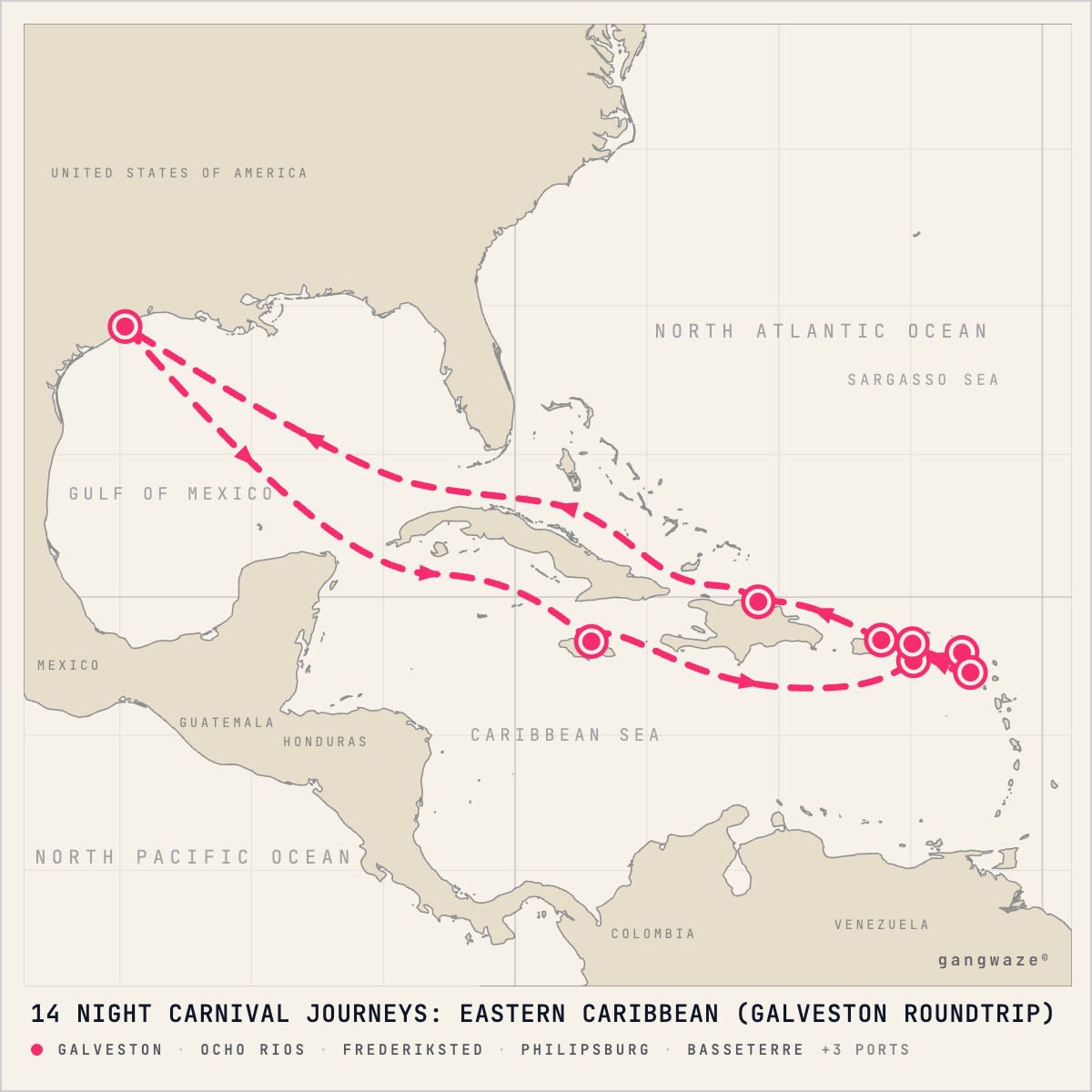 Carnival Horizon January 6, 2029 itinerary map: round trip from Galveston, calling at Ocho Rios, Frederiksted, Philipsburg, Basseterre, Charlotte Amalie, San Juan, Amber Cove