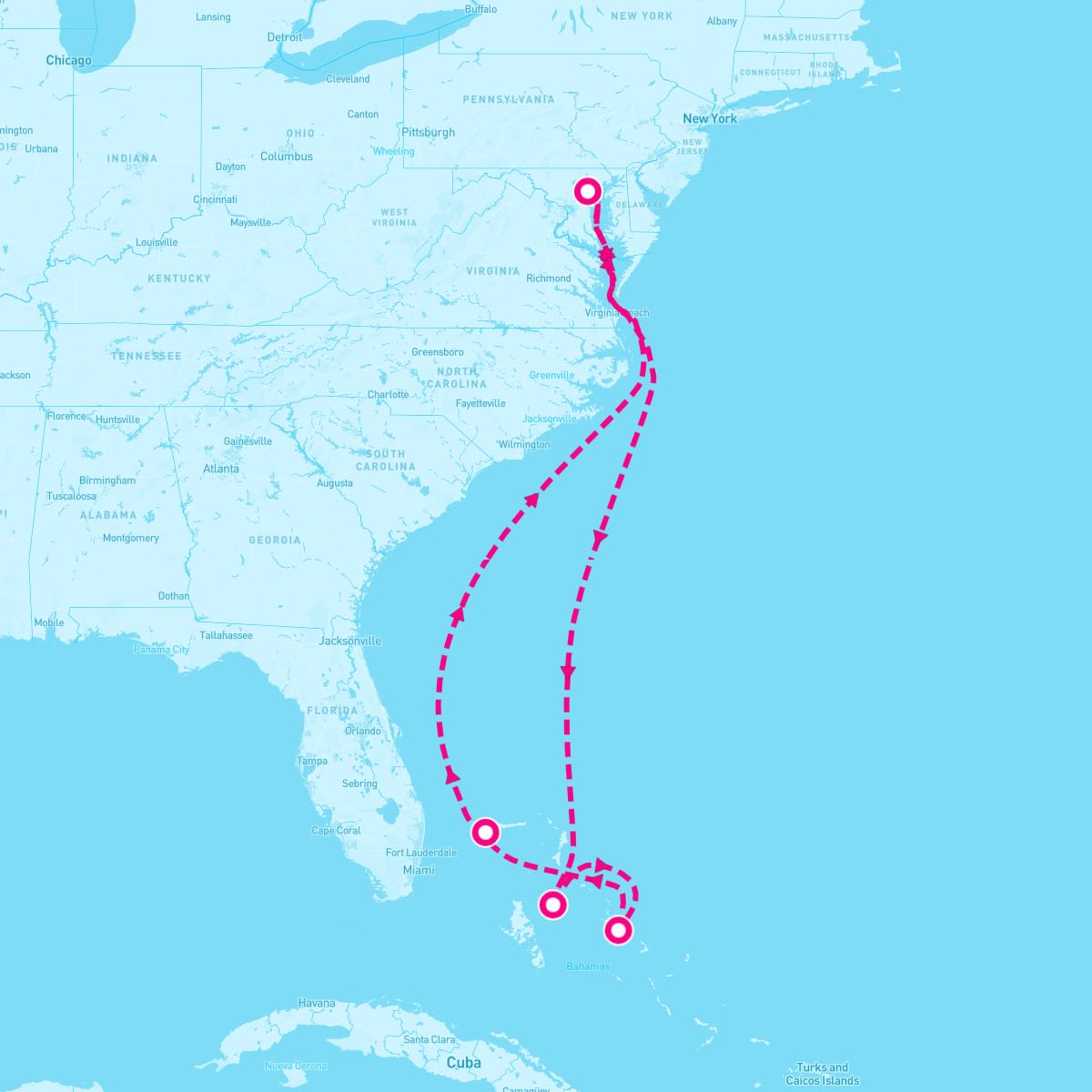 Carnival Pride itinerary map for March 23, 2025 (7 nights)