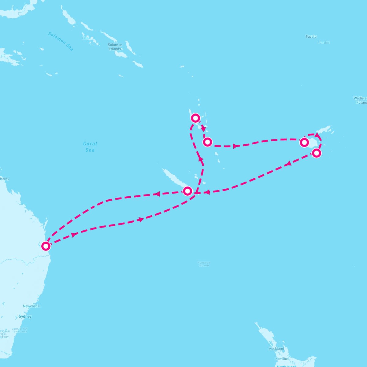 Carnival Spirit itinerary map for February 18, 2024 (11 nights)