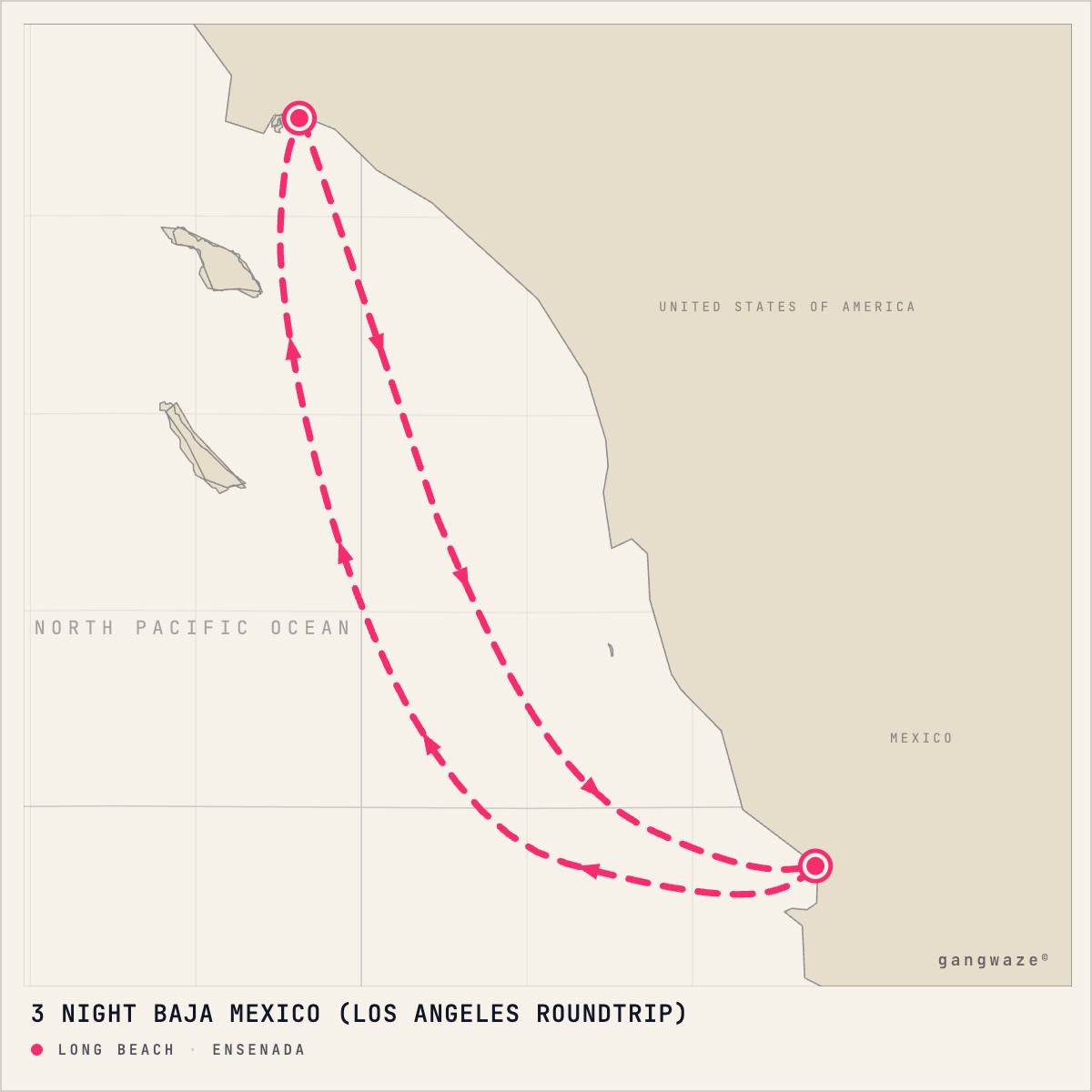 Carnival Spirit October 5, 2028 itinerary map: round trip from Long Beach, calling at Ensenada
