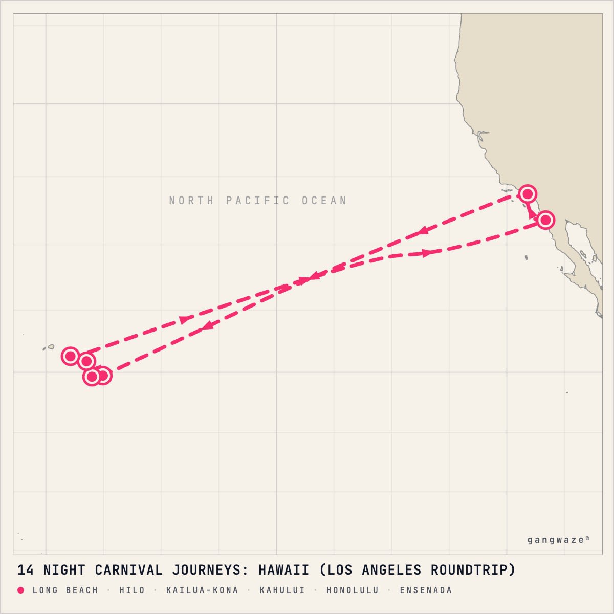 Carnival Spirit January 6, 2029 itinerary map: round trip from Long Beach, calling at Hilo, Kailua-Kona, Kahului, Honolulu, Ensenada
