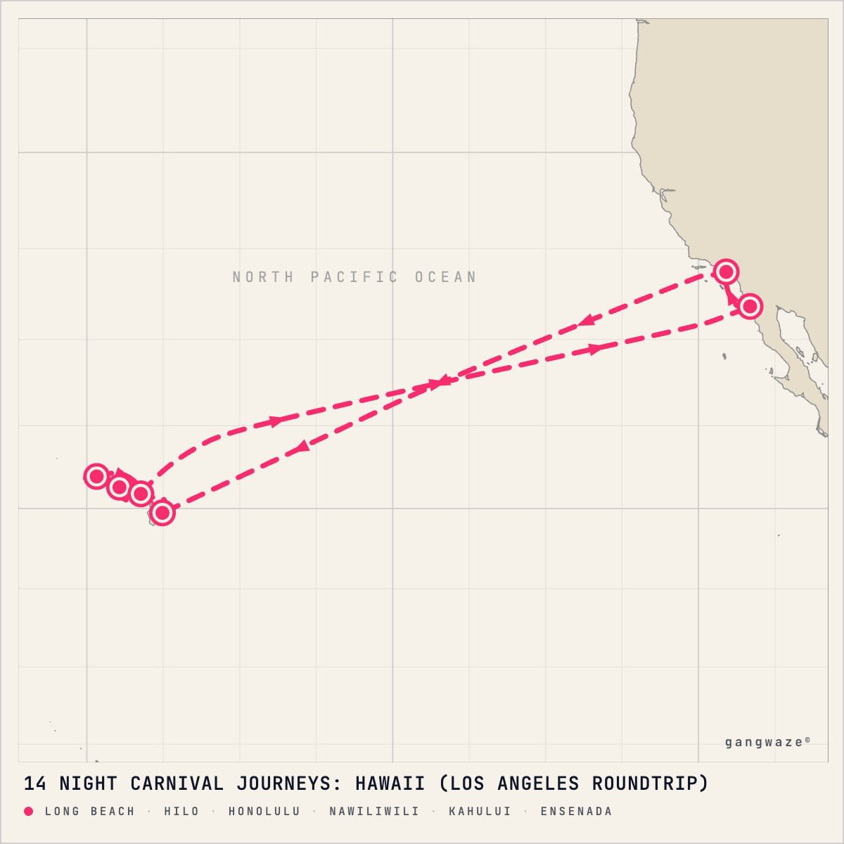 Carnival Spirit January 20, 2029 itinerary map: round trip from Long Beach, calling at Hilo, Honolulu, Nawiliwili, Kahului, Ensenada