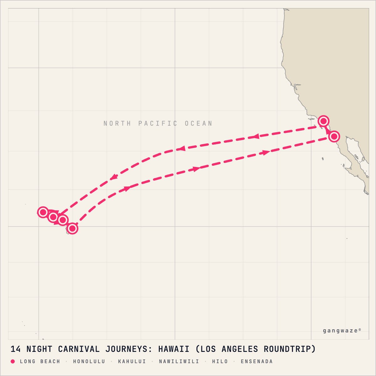 Carnival Spirit March 3, 2029 itinerary map: round trip from Long Beach, calling at Honolulu, Kahului, Nawiliwili, Hilo, Ensenada