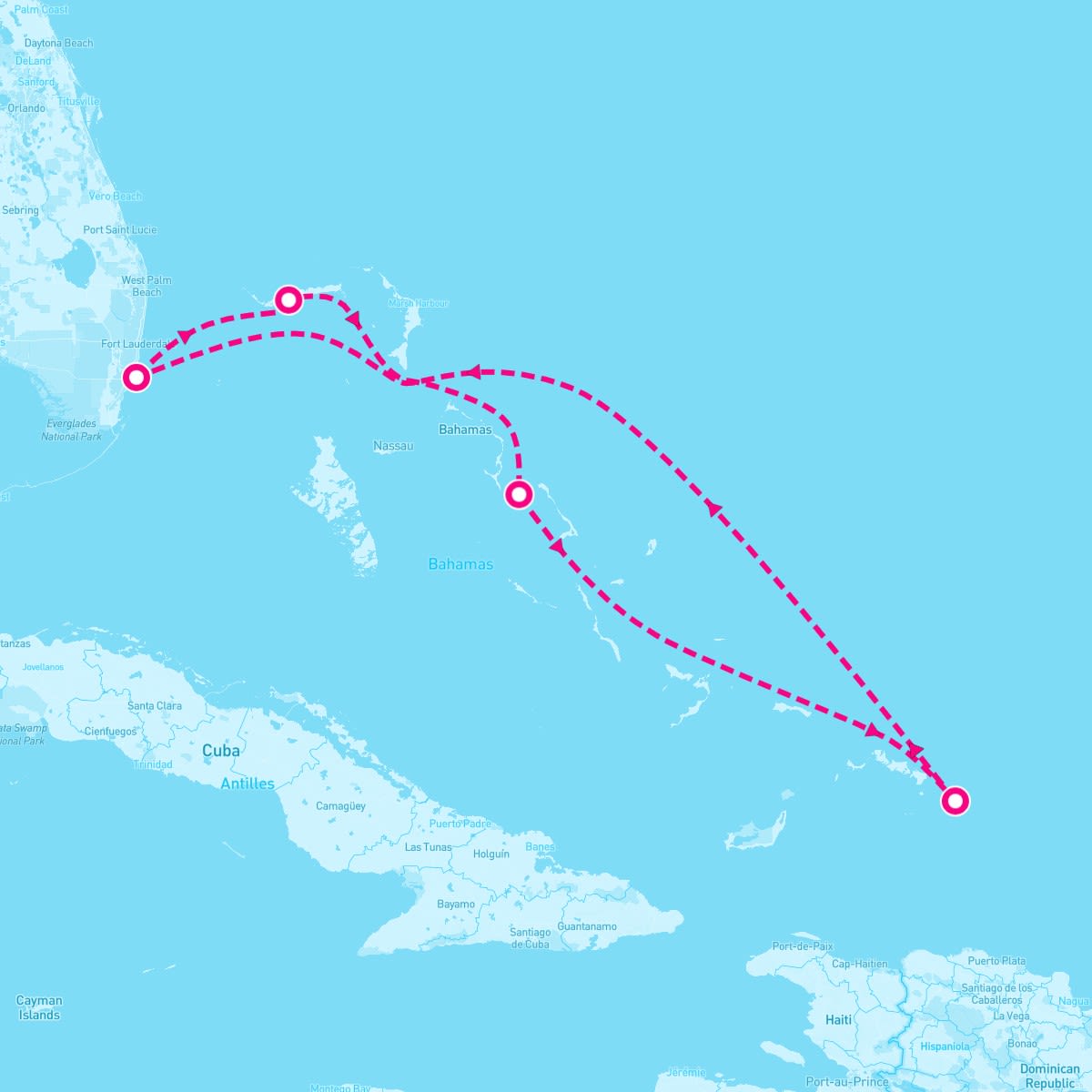 Carnival Sunrise itinerary map for September 15, 2025 (5 nights)
