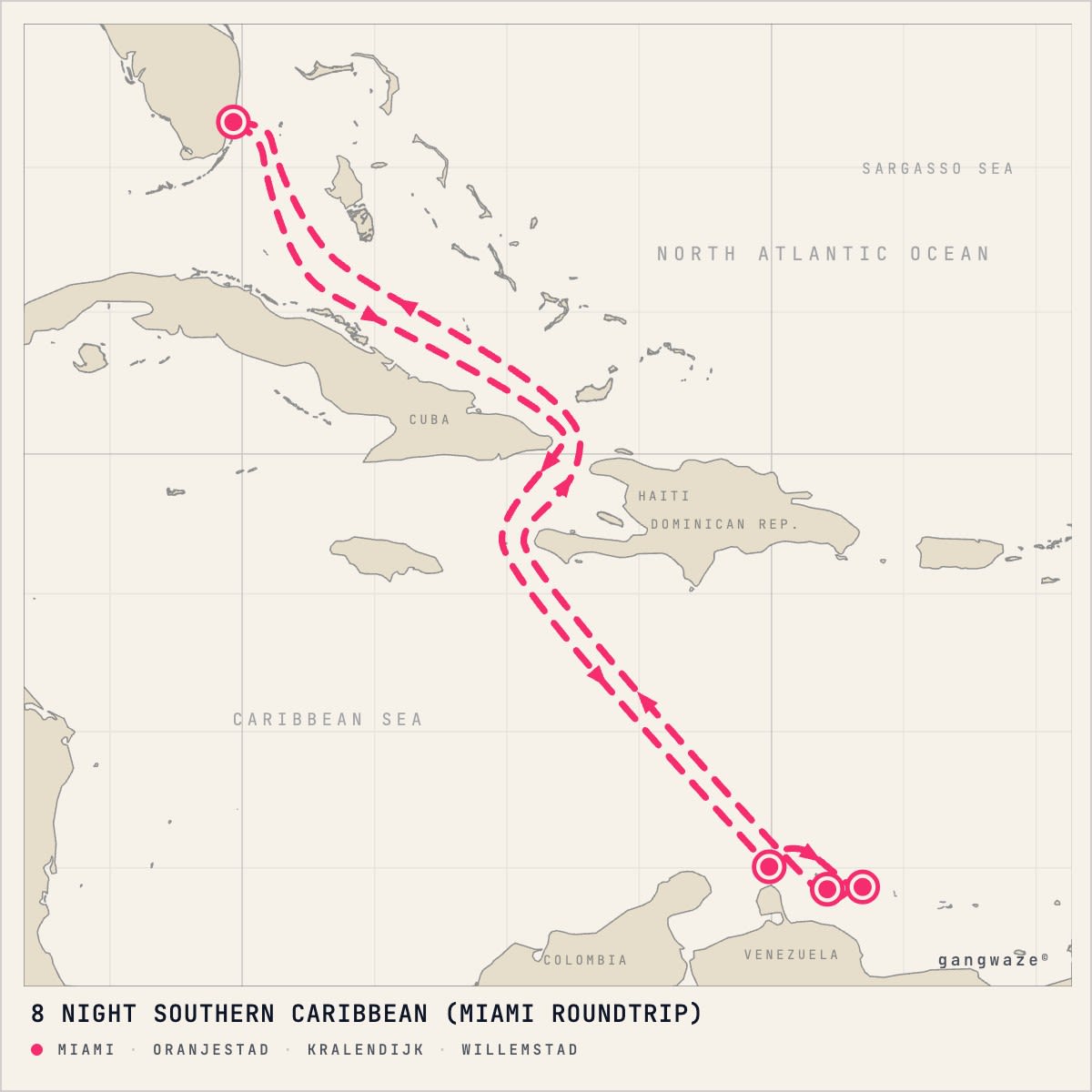 Carnival Venezia itinerary map for March 18, 2028 (8 nights)