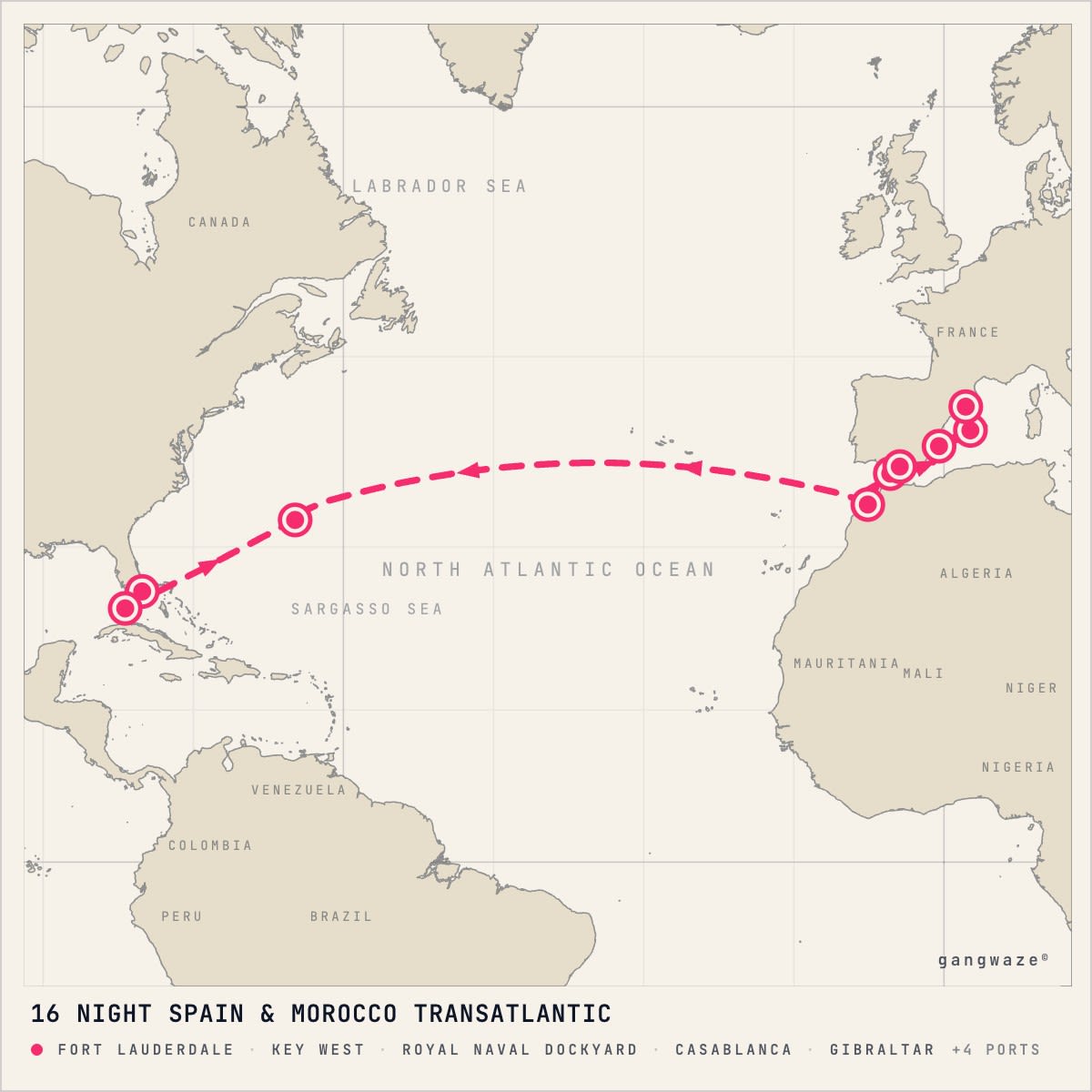 Celebrity Eclipse itinerary map for April 22, 2028 (16 nights)