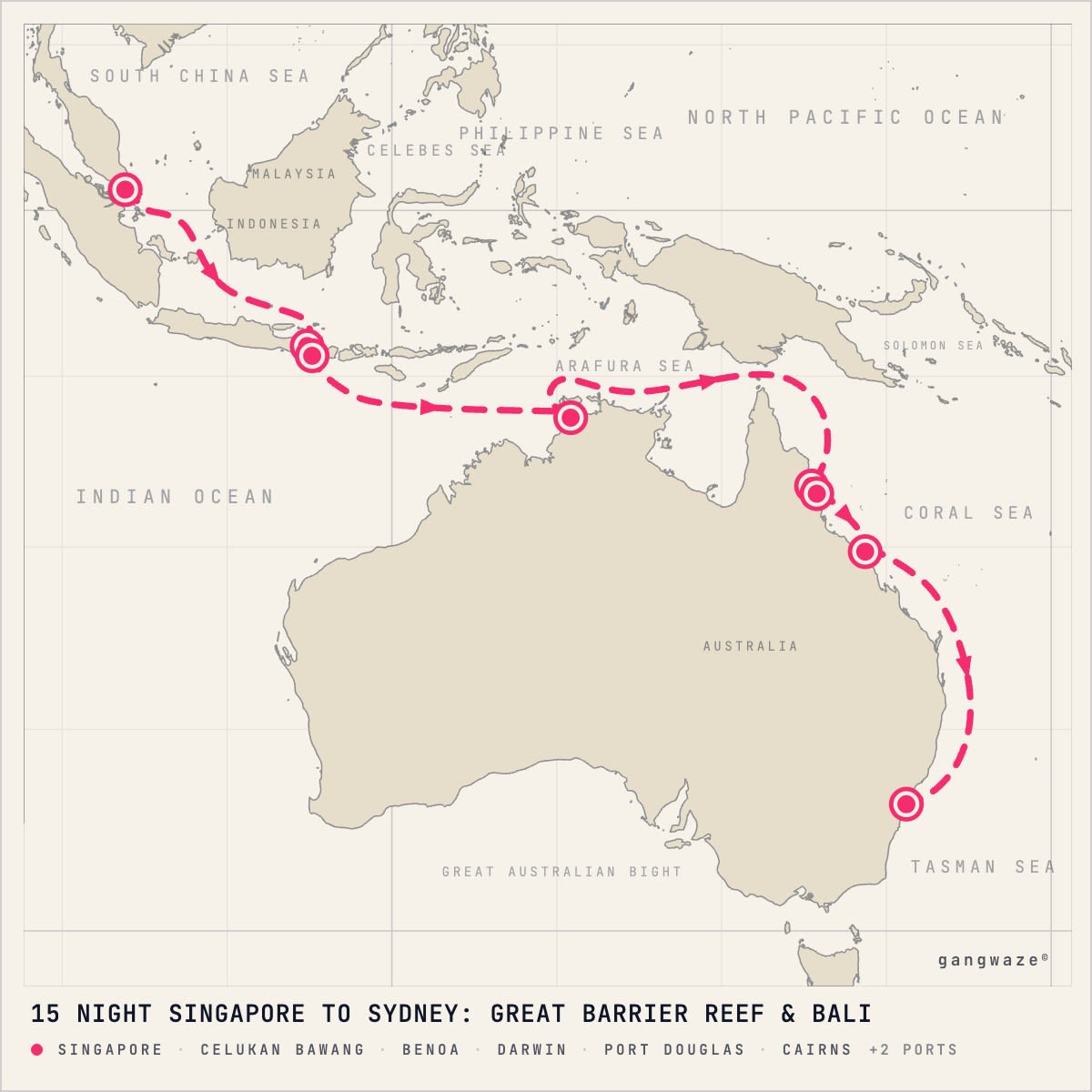 Celebrity Solstice November 2, 2028 itinerary map: from Singapore to Sydney, calling at Celukan Bawang, Benoa, Darwin, Port Douglas, Cairns, Airlie Beach