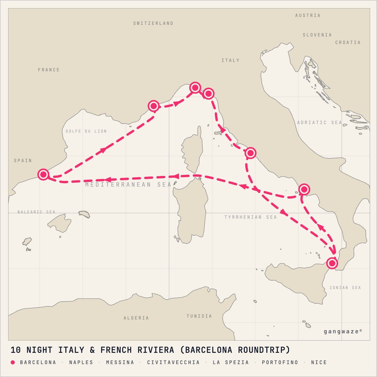 Celebrity XCel October 27, 2028 itinerary map: round trip from Barcelona, calling at Naples, Messina, Civitavecchia, La Spezia, Portofino, Nice