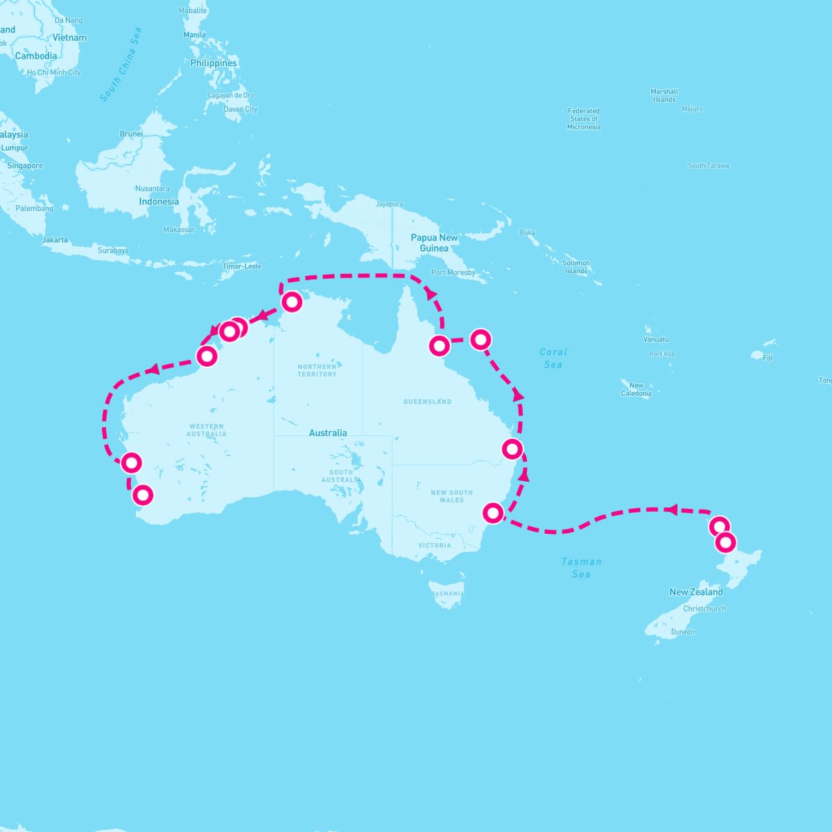 Coral Princess itinerary map for August 15, 2024 (21 nights)