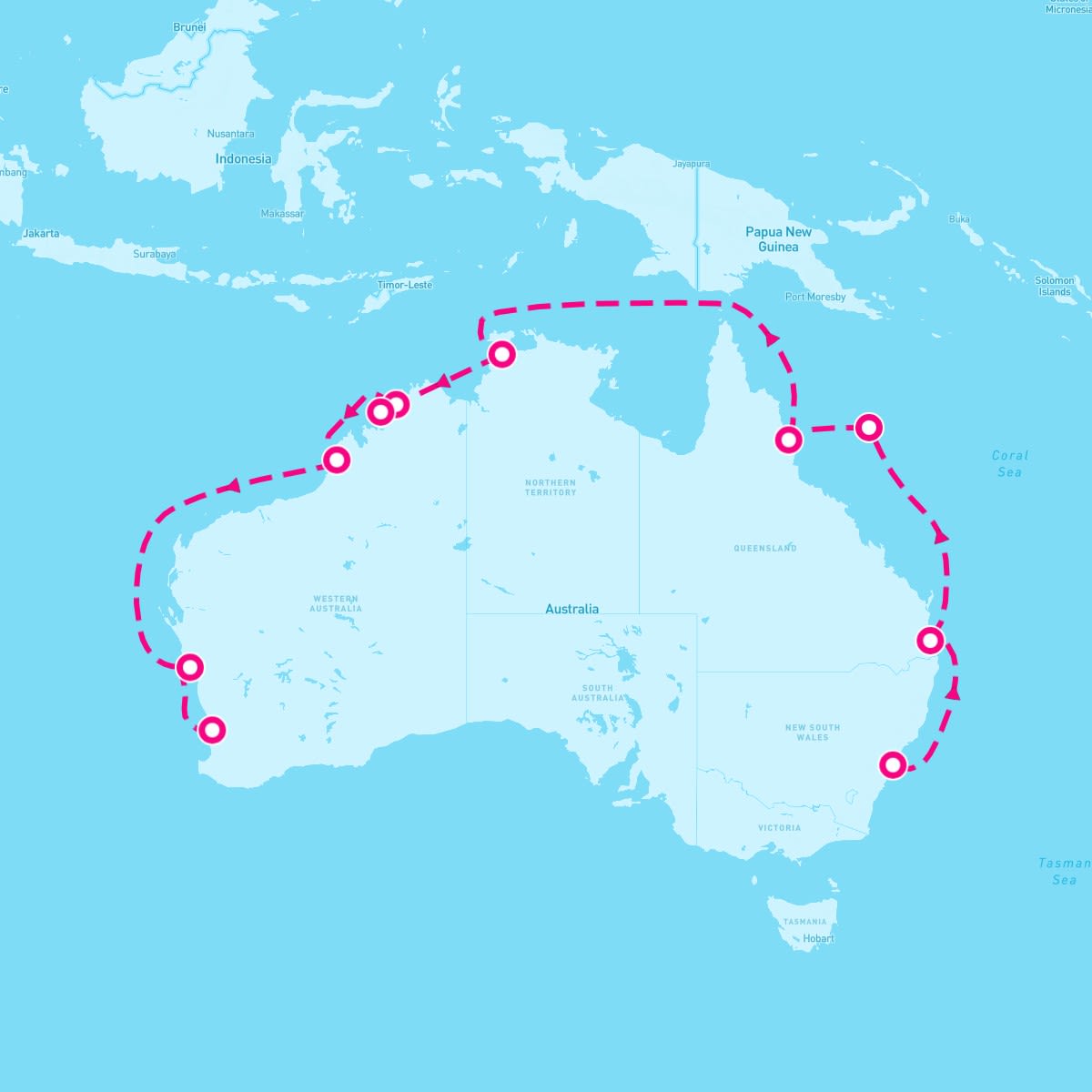 Coral Princess itinerary map for August 19, 2024 (17 nights)