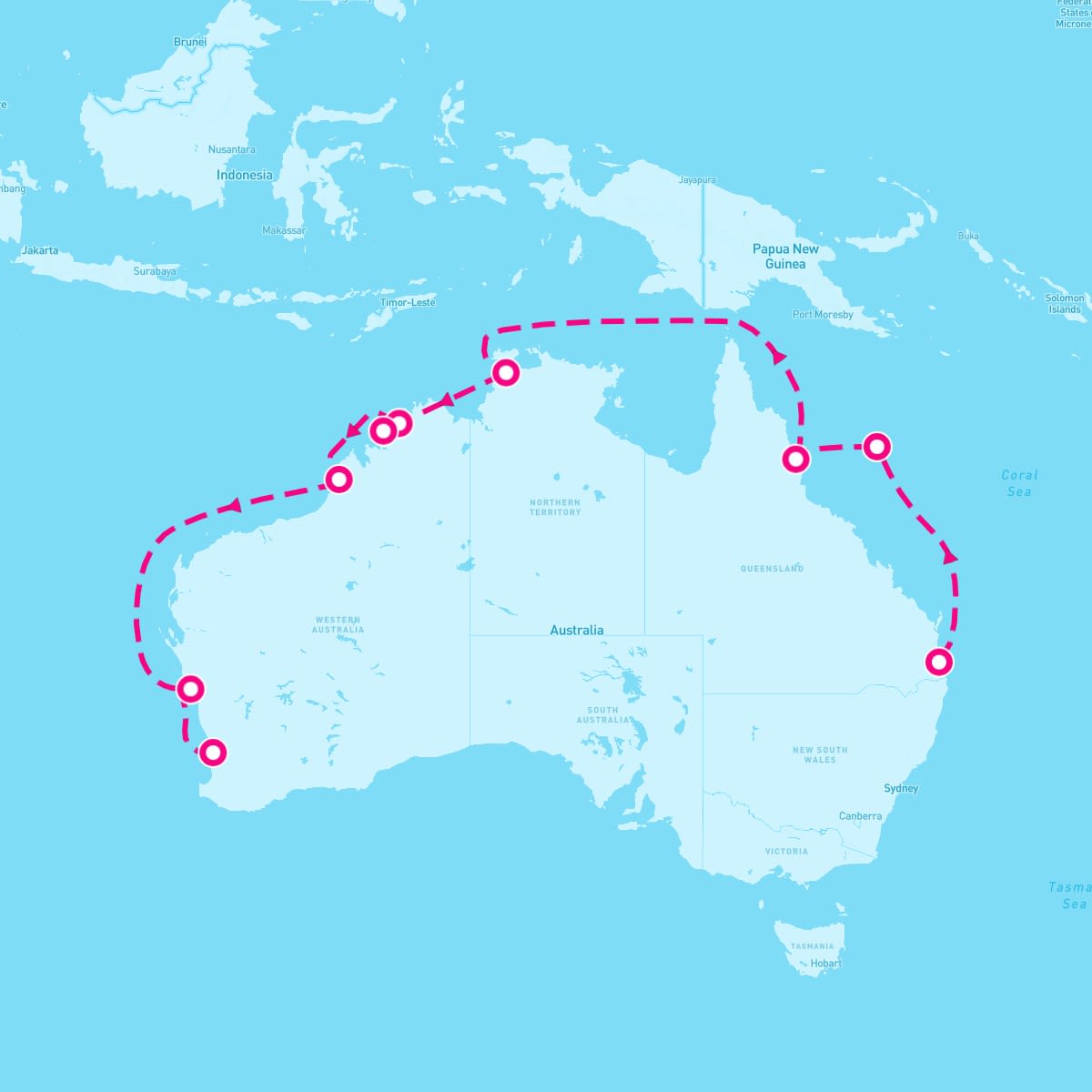 Coral Princess itinerary map for August 21, 2024 (15 nights)