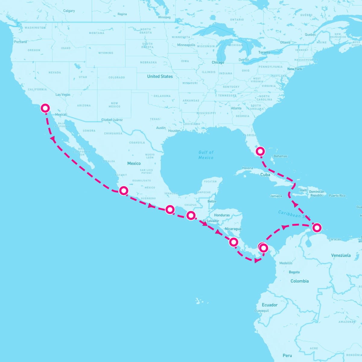 Coral Princess itinerary map for November 17, 2024 (16 nights)