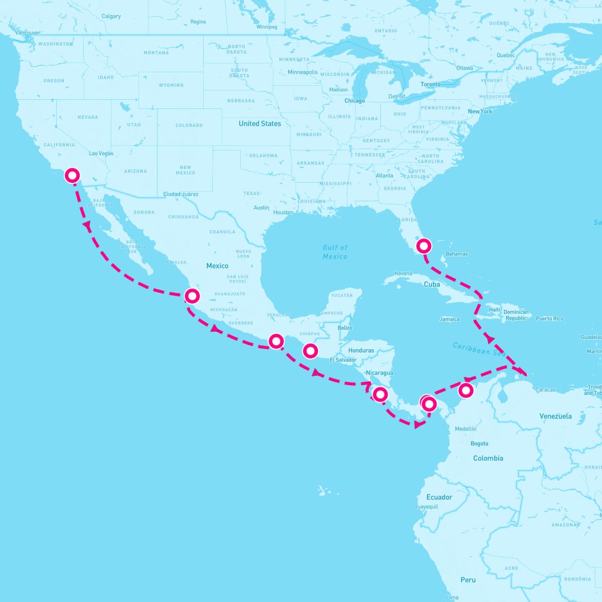 Coral Princess itinerary map for December 19, 2024 (16 nights)