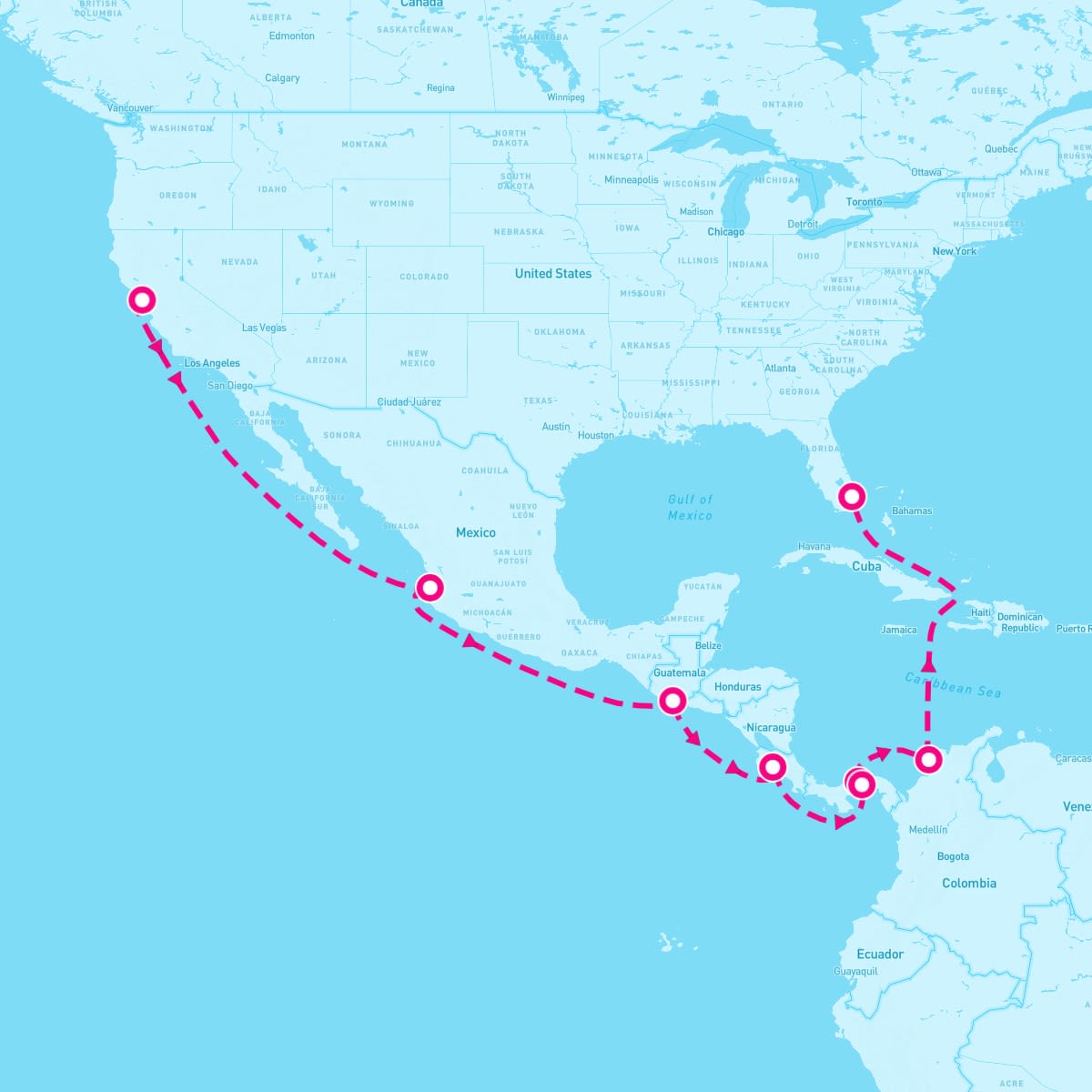 Coral Princess itinerary map for January 20, 2025 (16 nights)