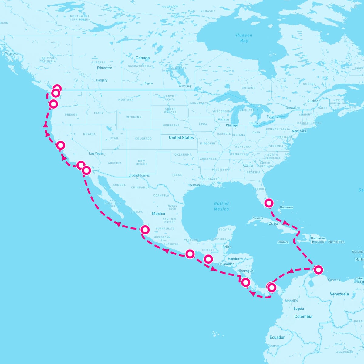 Coral Princess itinerary map for April 10, 2025 (23 nights)
