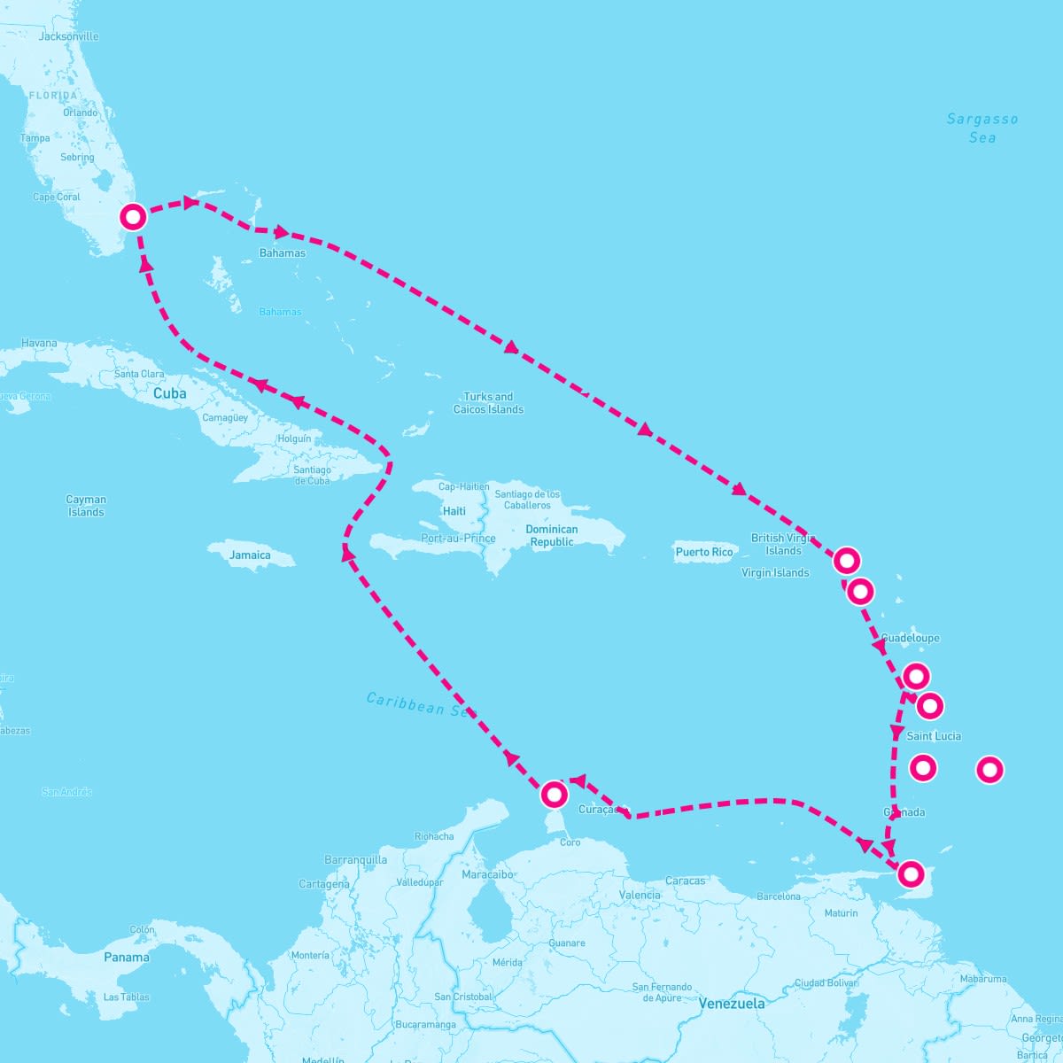 Coral Princess itinerary map for December 22, 2025 (14 nights)