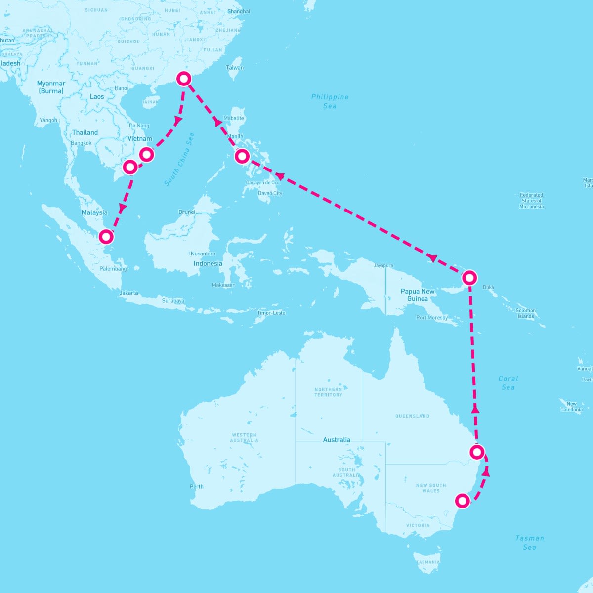 Coral Princess itinerary map for February 18, 2026 (20 nights)