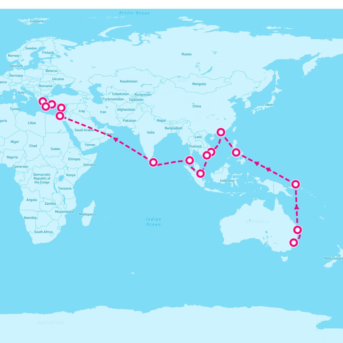 Coral Princess itinerary map for February 18, 2026 (38 nights)
