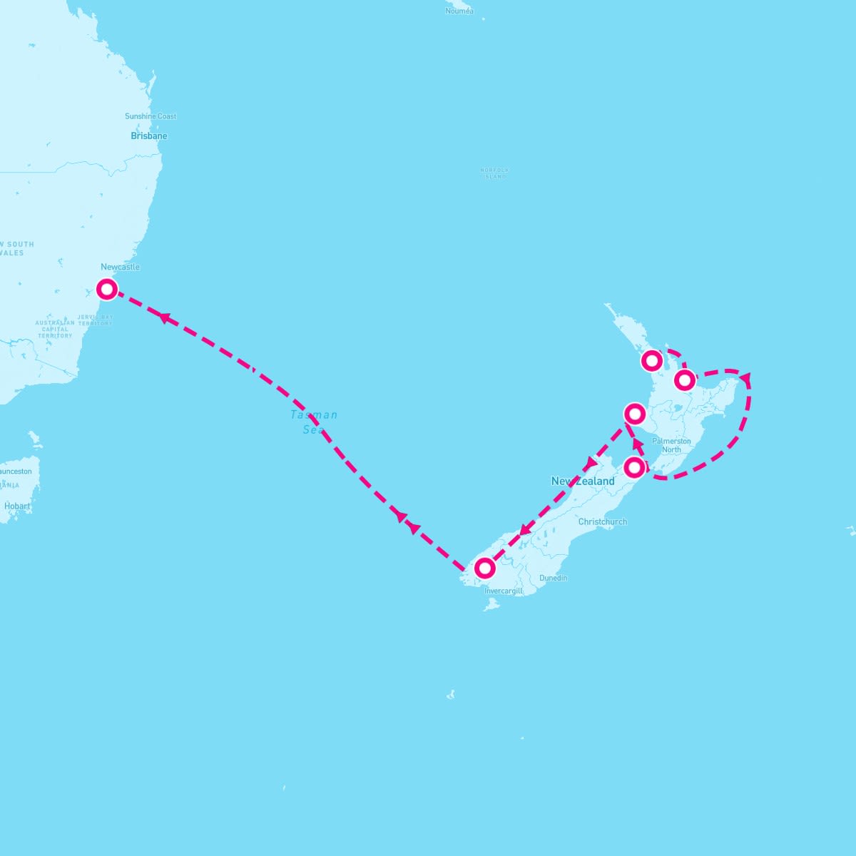Coral Princess itinerary map for February 21, 2026 (9 nights)