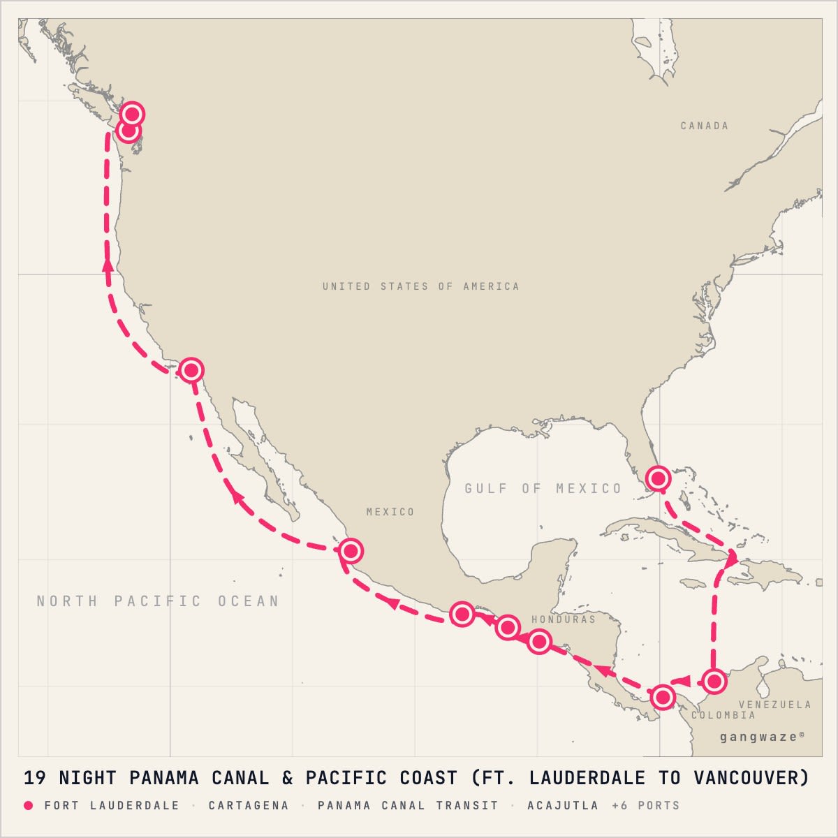 Coral Princess April 28, 2028 itinerary map: from Fort Lauderdale to Vancouver, calling at Cartagena, Panama Canal Transit, Acajutla, Puerto Chiapas, Huatulco, Puerto Vallarta, San Pedro, Victoria