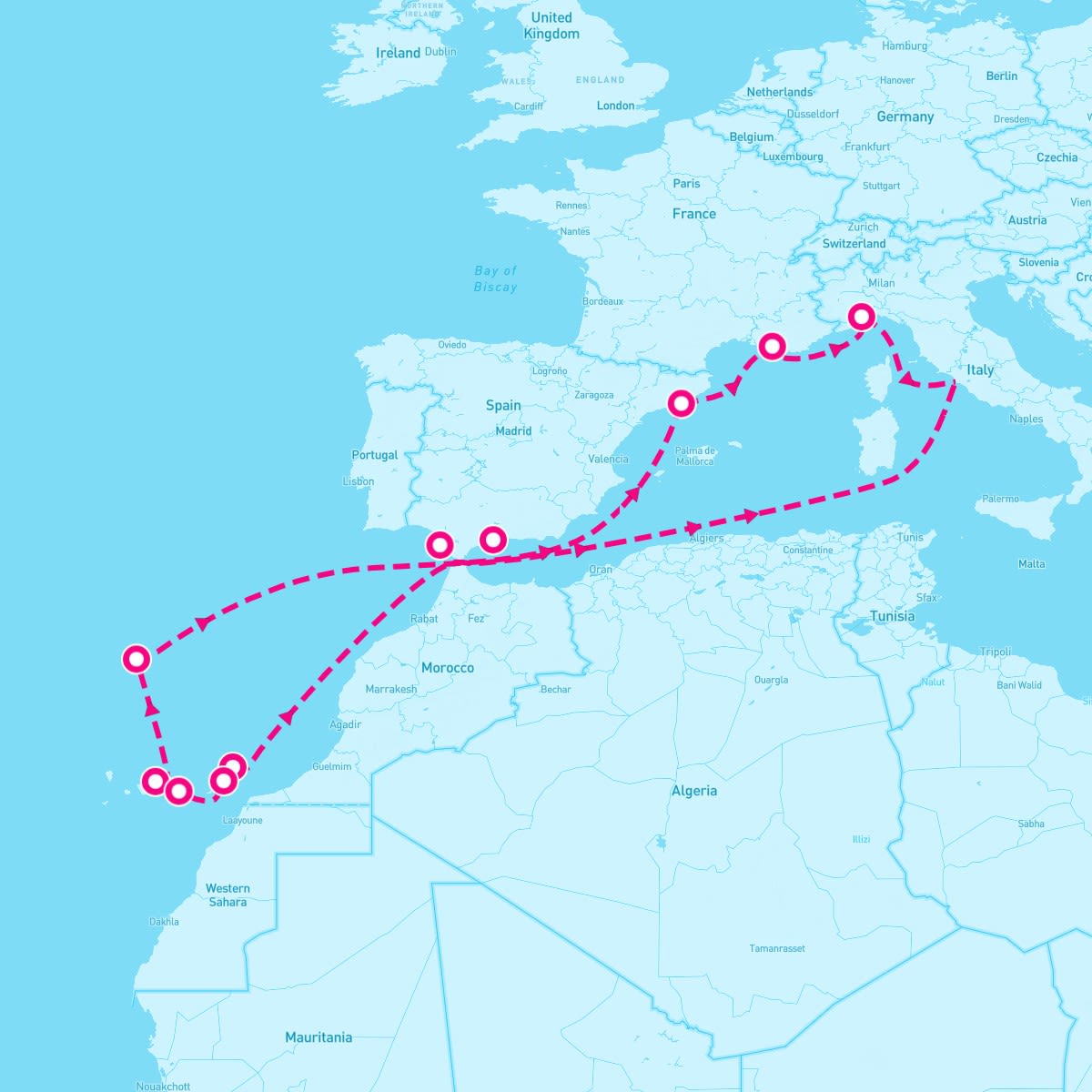 Costa Diadema itinerary map for October 4, 2024 (14 nights)