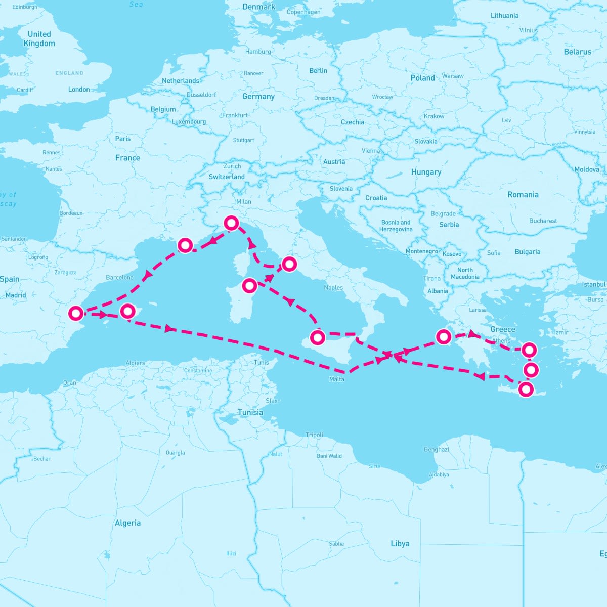 Costa Pacifica itinerary map for June 20, 2025 (14 nights)