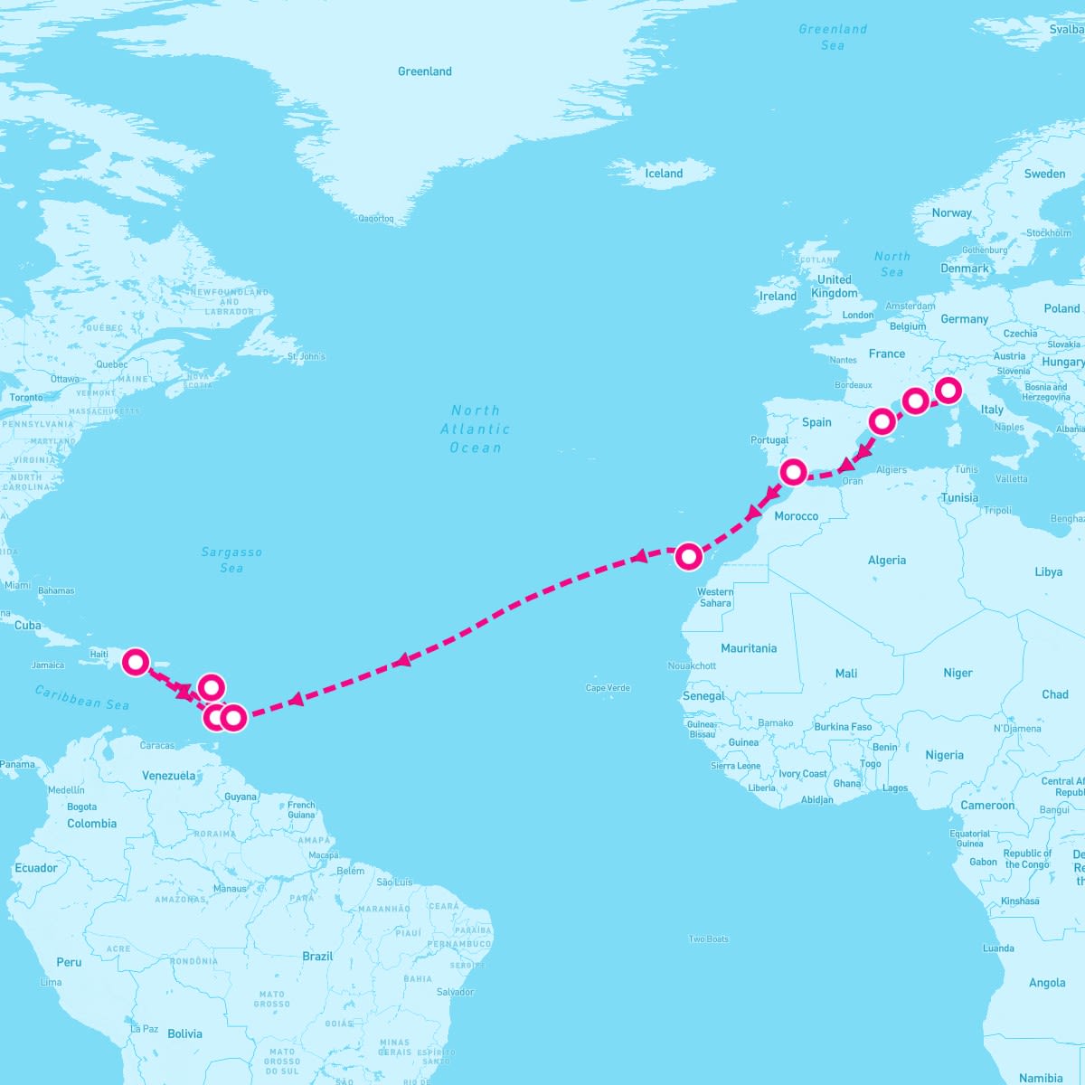 Costa Pacifica itinerary map for December 6, 2025 (19 nights)