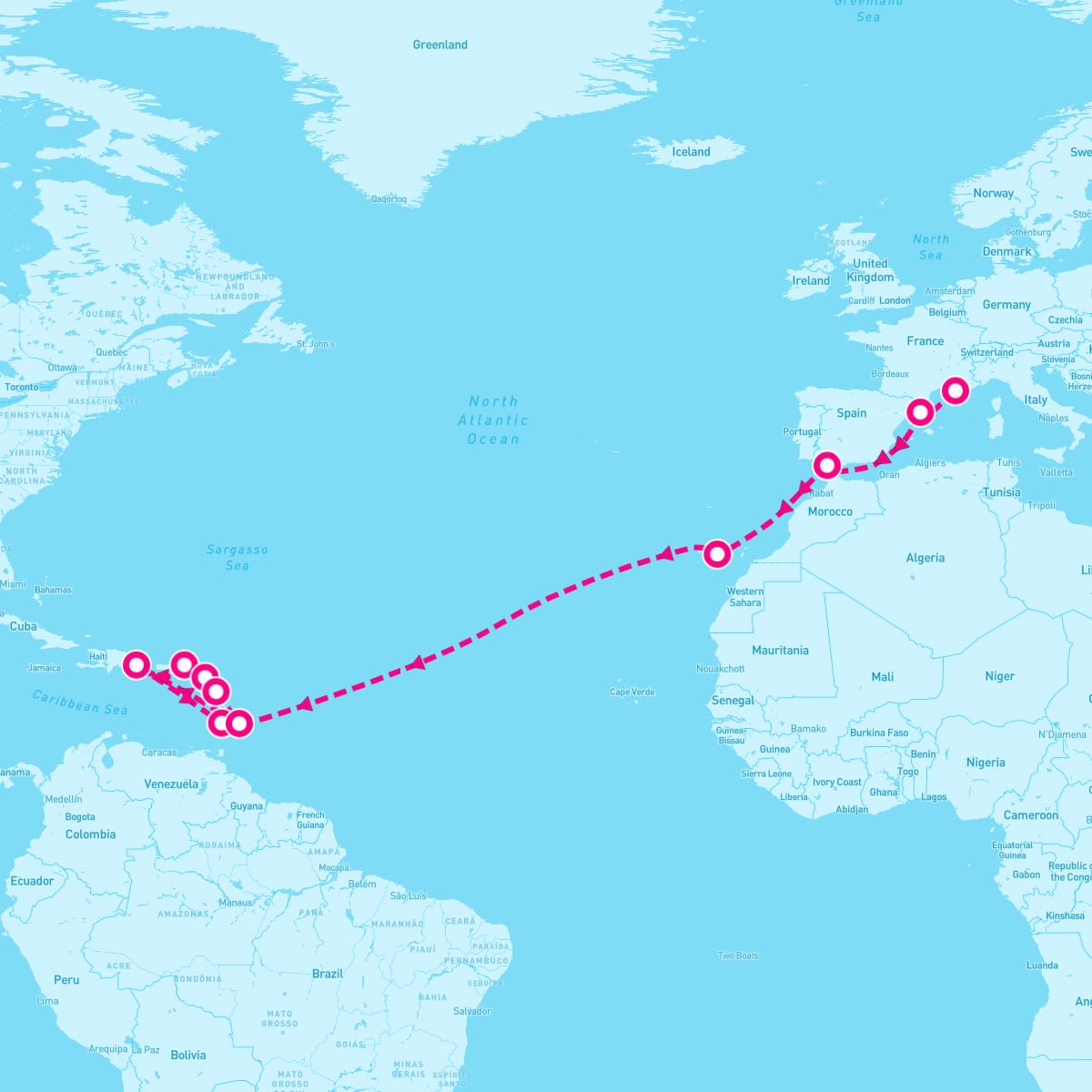 Costa Pacifica itinerary map for December 7, 2025 (21 nights)