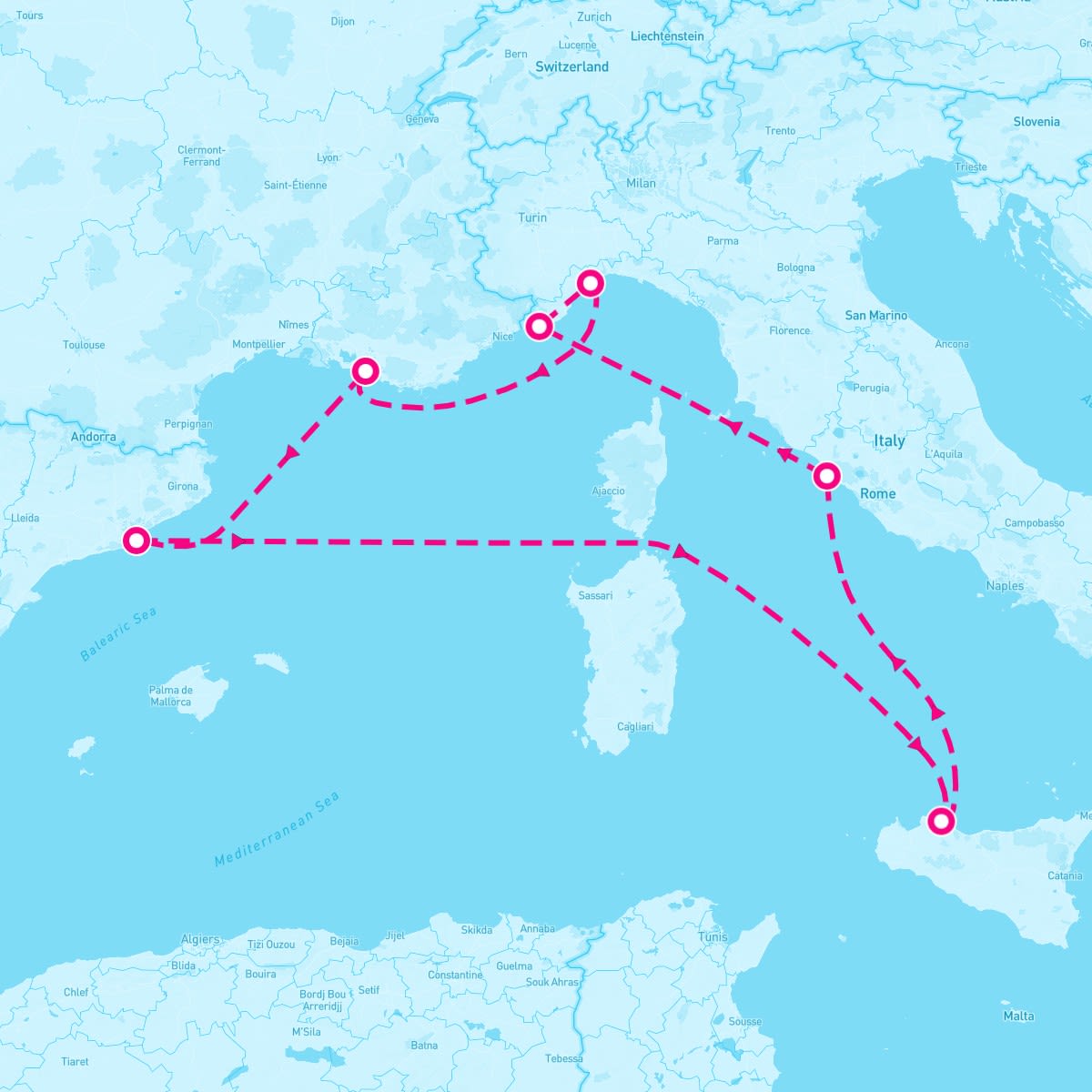 Costa Toscana itinerary map for February 13, 2025 (8 nights)