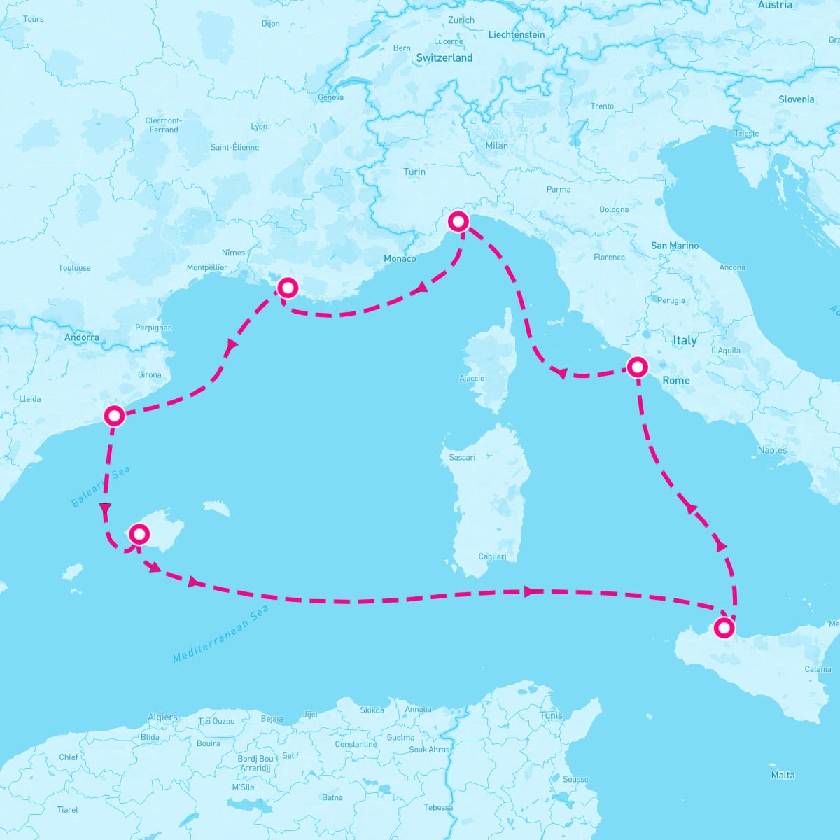 Costa Toscana itinerary map for February 22, 2025 (7 nights)