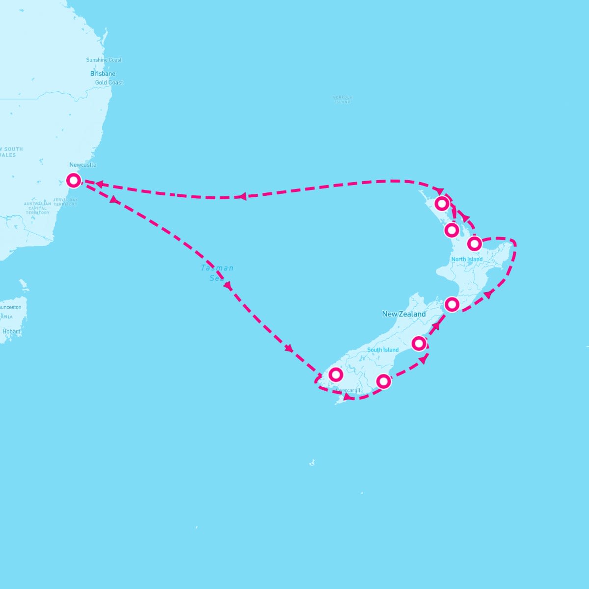 Crown Princess itinerary map for February 22, 2025 (14 nights)