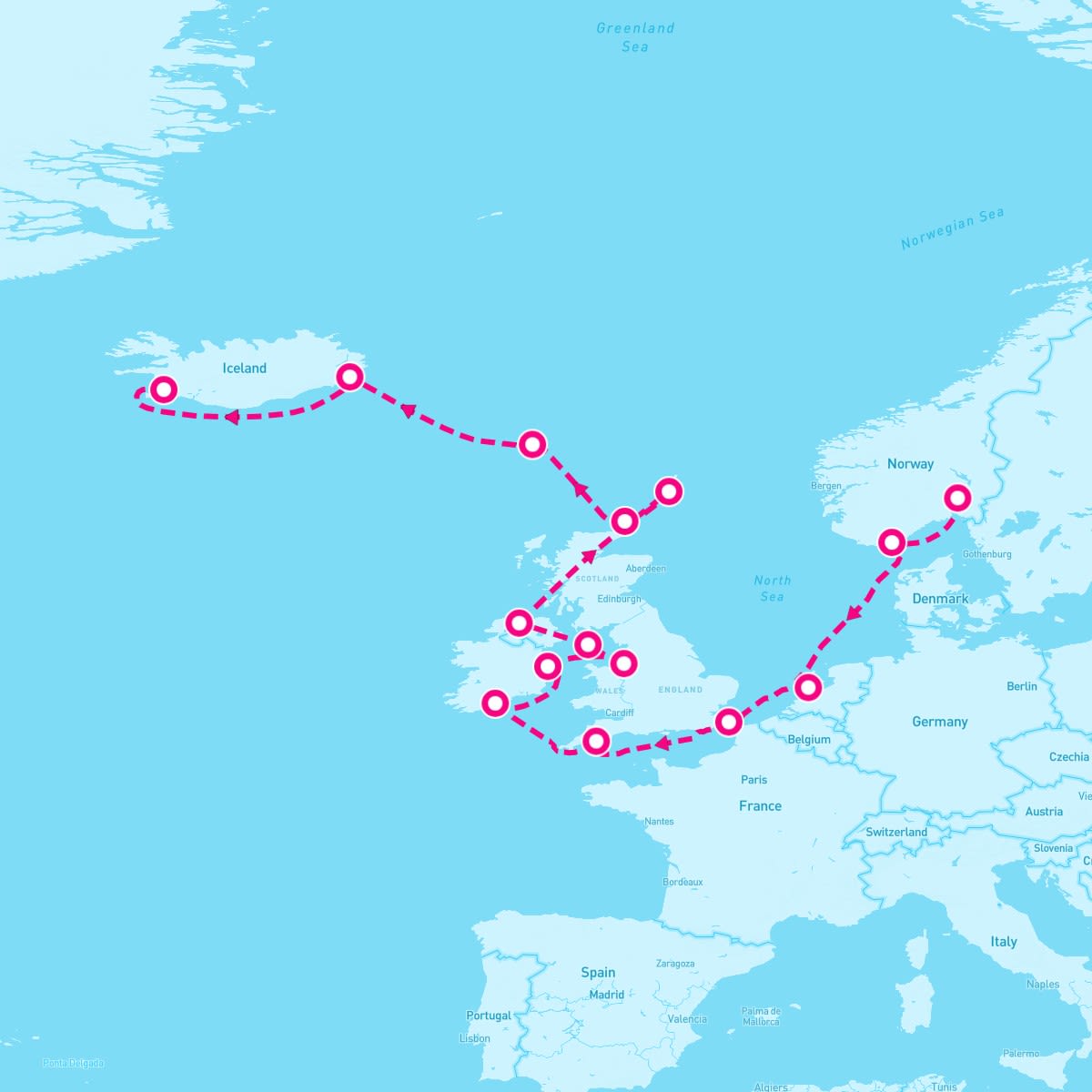 Crystal Serenity itinerary map for August 28, 2025 (20 nights)